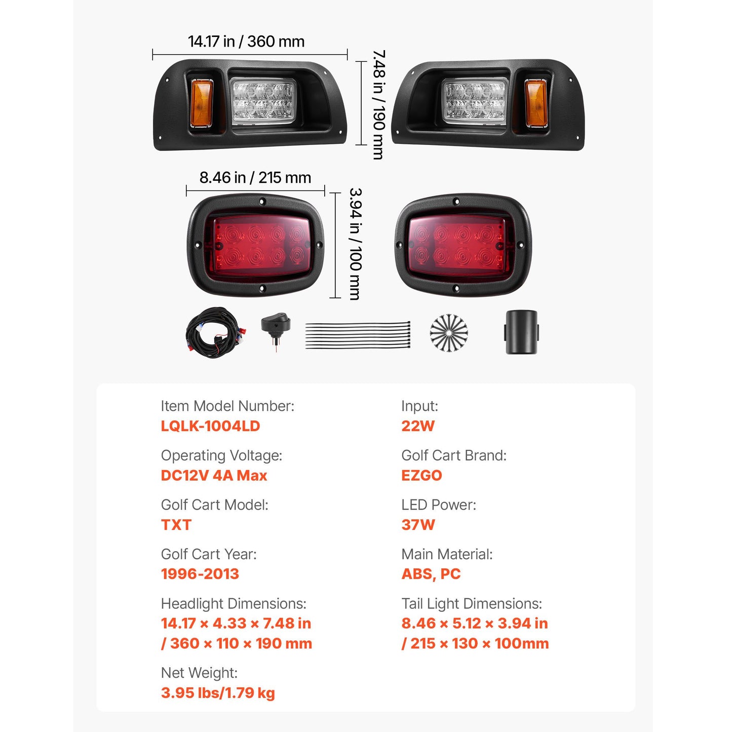 Golf Cart Light Kit, 12 Volt, LED Headlight and Tail Light Kit with Wiring Harness, Switch, Zip Ties, ABS Housing, High-Brightness, Waterproof and Dustproof, Fit for EZGO TXT 1996-2013 Models
