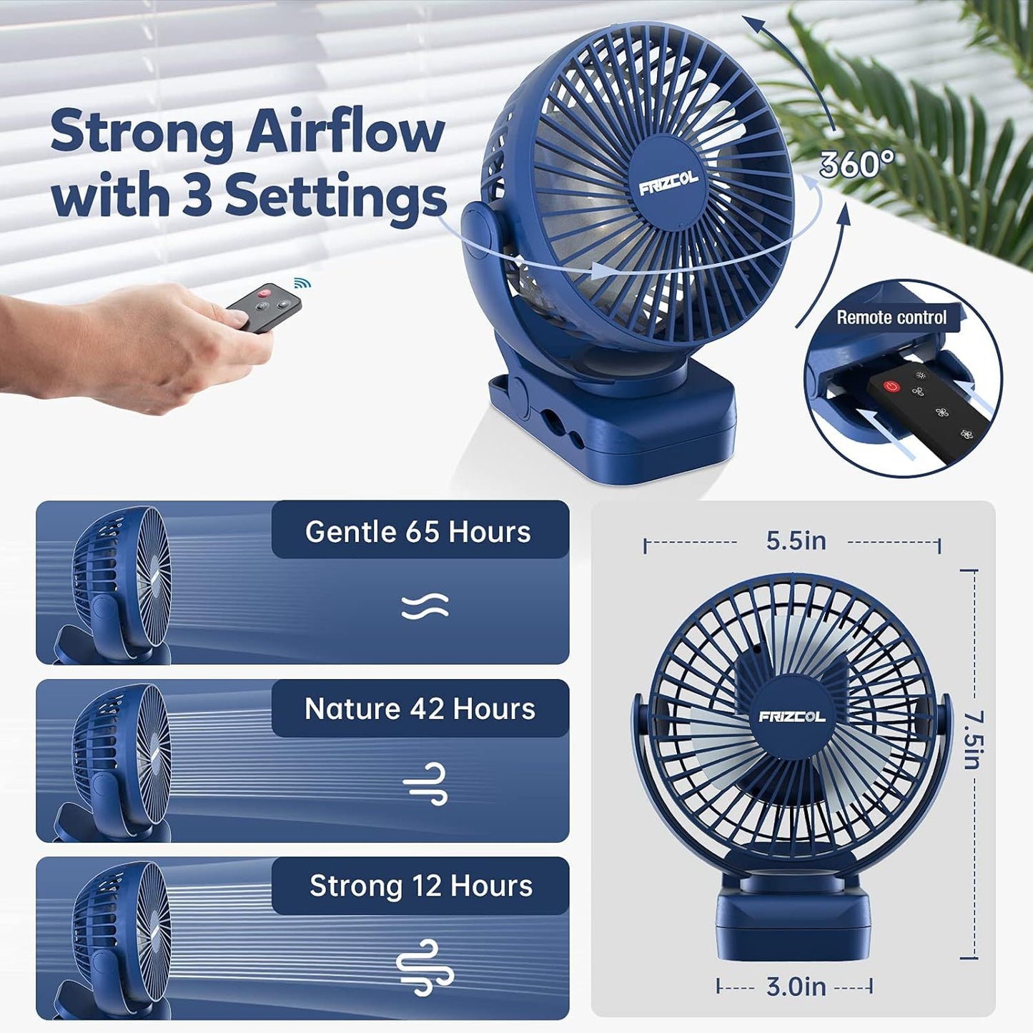 Clip on Fan 65 Hours Portable Desk Fan Rechargeable with LED Lights & Hooks 12000 Capacity Battery Operated Fan with Clips Small Desk Fan Mini Fans for Tents Travel Outdoor Camping Golf Cart Stroller