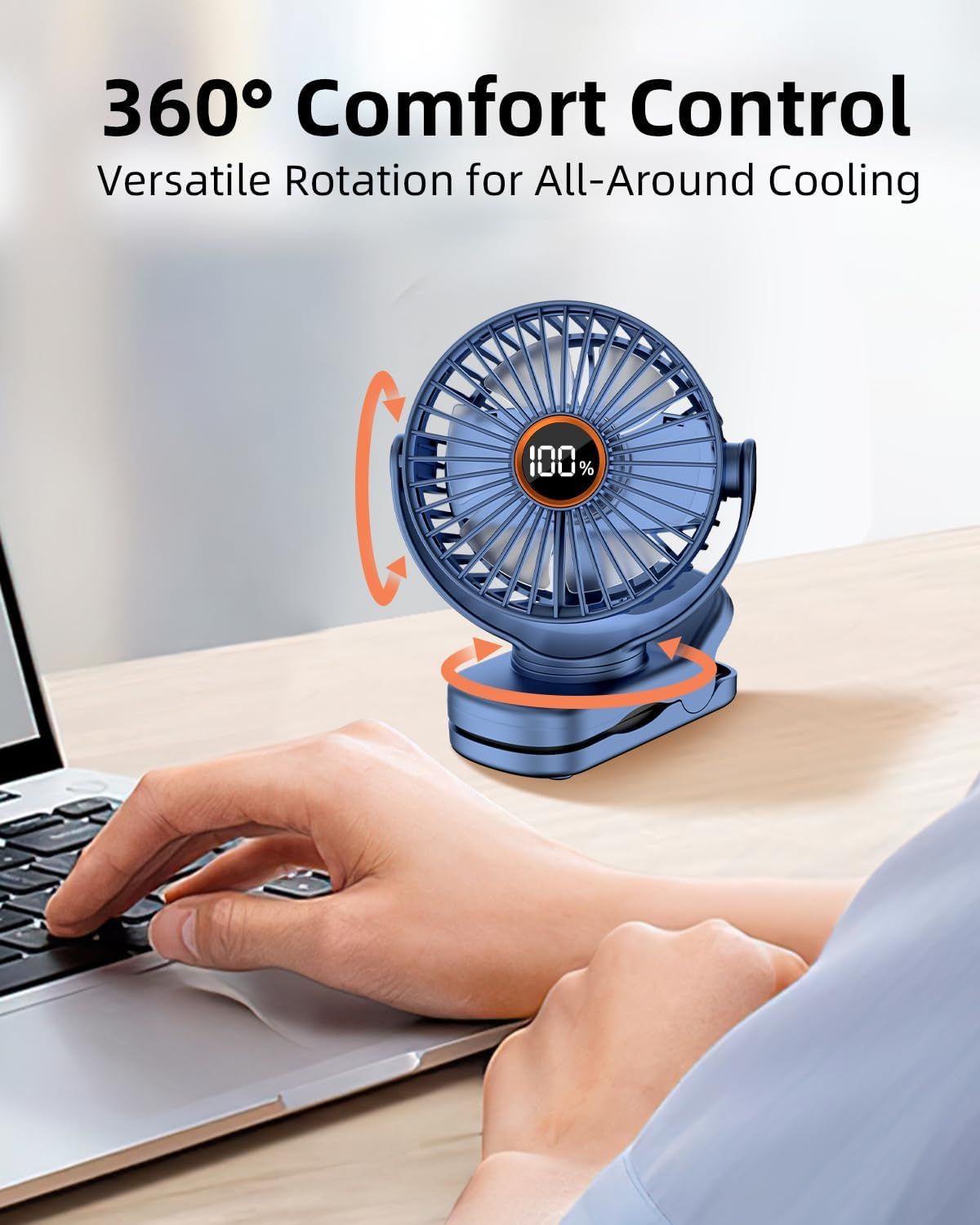Portable Mini Personal Fan, Small Rechargeable Battery Powered Stroller Fan for Desk, Strong Clamp Grip, 360° Rotation, 3-Speed, LED Display, Clip On Cooler for Bed, Golf Cart, Office