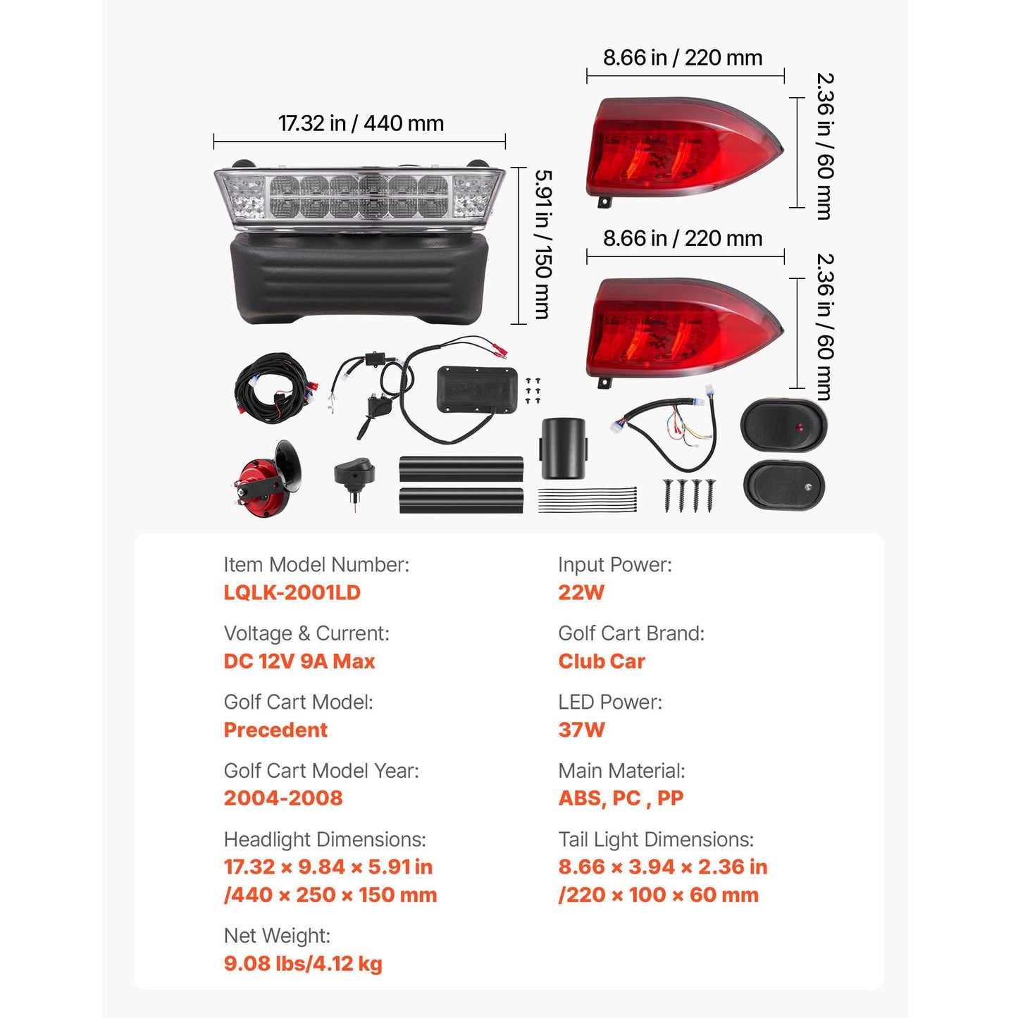Golf Cart Light Kit, 12V, Street Legal LED Headlight and Taillight Kit with Wiring Harness, Turn Signals, Hazard Light, Switch Horn, Brake Pad, ABS Housing, for Club Car Precedent 2004-2008
