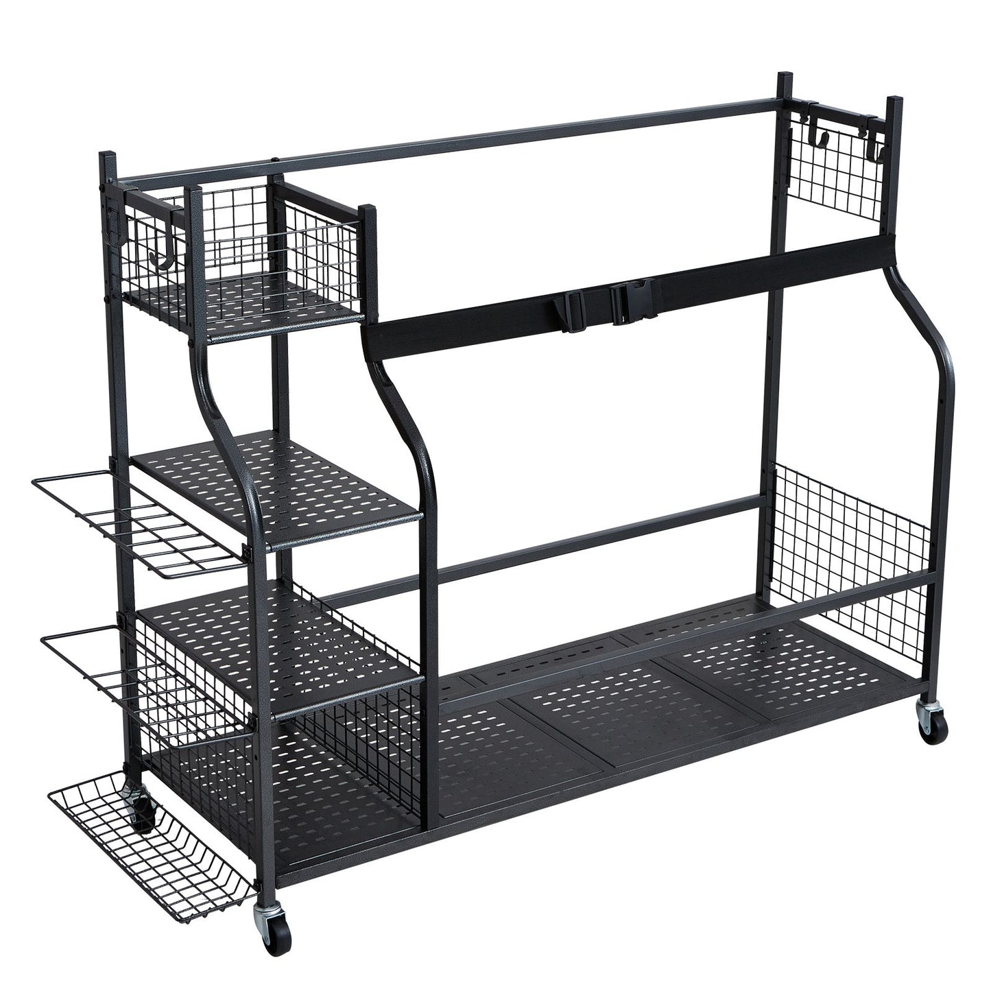 Golf Storage Garage Organizer, 3 Golf Bag Stand Holder and Other Sports Equipment Storage Rack, Rolling Ball Cart on Wheels, Outdoor Sport Gear and Toy Storage with Baskets & Hooks, Steel, Black