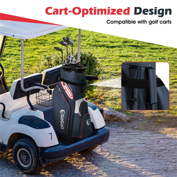 14-Way Golf Cart Bag - 6 Zippered Pockets+Cooler Pocket, Waterproof Zippers, Navy + Red