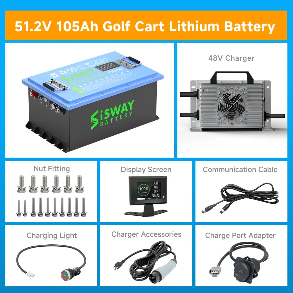 48V 105Ah Lithium Golf Cart Battery Built-in 200A BMS 4000+ Cycles Rechargeable LiFePO4 Battery Perfect for Golf Cart