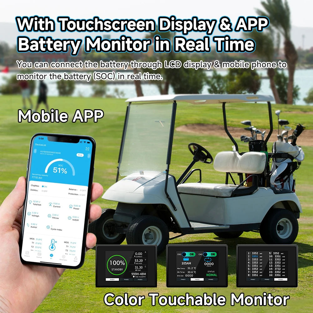 48V 105Ah Lithium Golf Cart Battery Built-in 200A BMS 4000+ Cycles Rechargeable LiFePO4 Battery Perfect for Golf Cart