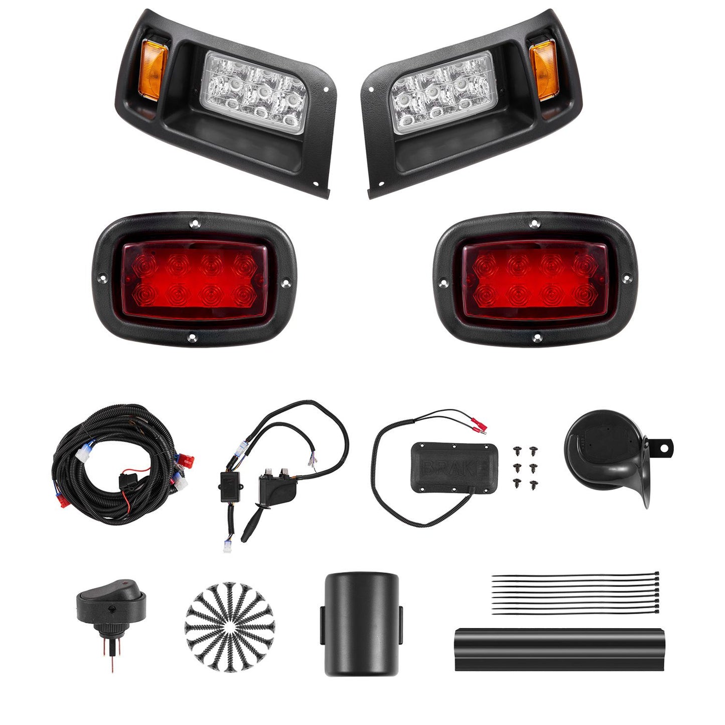 Golf Cart Light Kit, 12 Volt, Street Legal LED Headlight and Taillight Kit with Wiring Harness, Turn Signals, Hazard Light, Switch Horn, Brake Pad, Zip Ties, ABS Housing, for Club Car DS 1993-Up