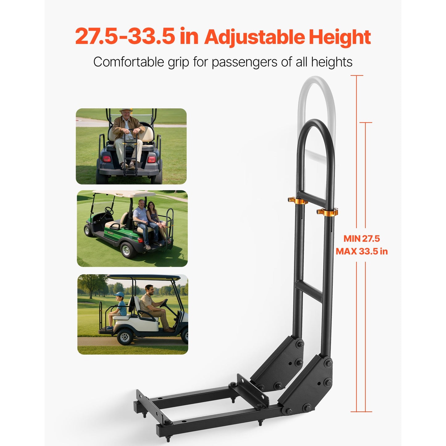 Golf Cart Grab Bar, 17.7 x 9.3 x 35.6 Inch, Compatible with Most Golf Carts with Metal Footplates, No Modification Needed, 27.5 to 33.5 Inch Height Adjustable Carbon Steel Rear Seat Grab Bar