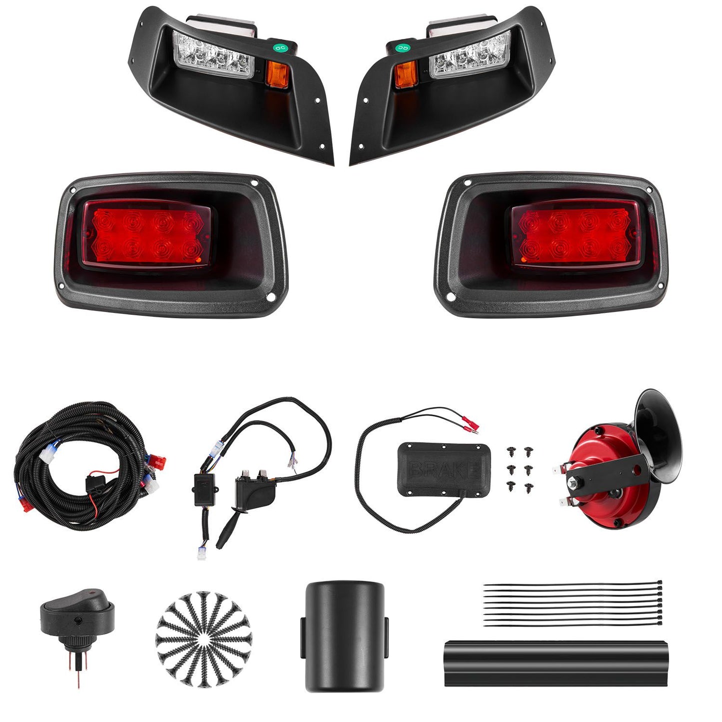 Golf Cart Light Kit, 12 Volt, Street Legal LED Headlight and Tail Light Kit with Wiring Harness, Turn Signals, Hazard Light, Switch Horn, Brake Pad, Zip Ties, ABS Housing, for EZGO TXT 1996-2013