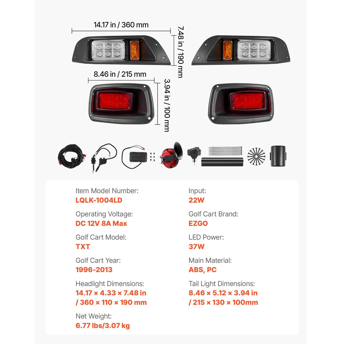 Golf Cart Light Kit, 12 Volt, Street Legal LED Headlight and Tail Light Kit with Wiring Harness, Turn Signals, Hazard Light, Switch Horn, Brake Pad, Zip Ties, ABS Housing, for EZGO TXT 1996-2013