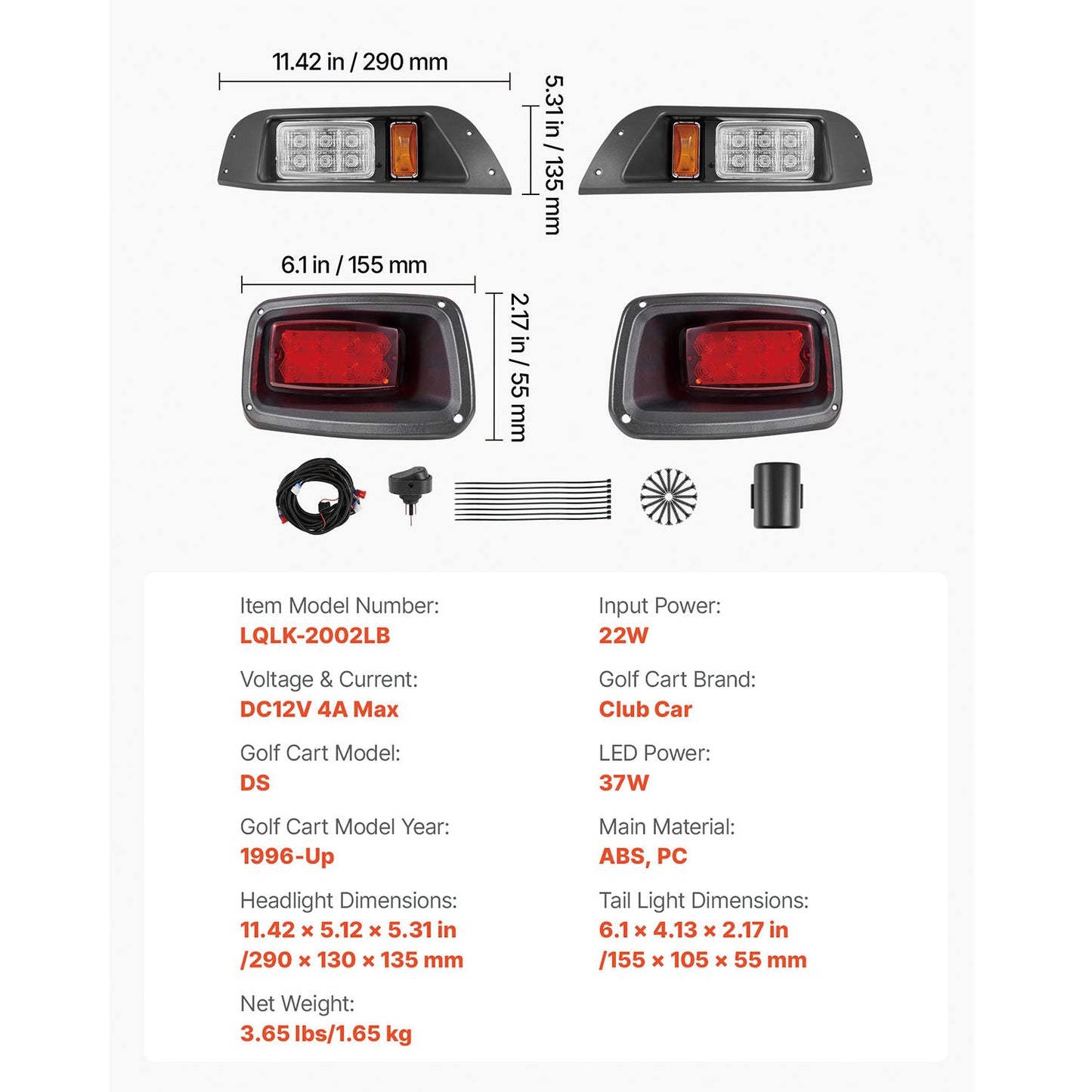 Golf Cart Light Kit, 12V, LED Headlight and Taillight Kit with Wiring Harness, Switch, Zip Ties, ABS Housing, High-Brightness, Waterproof and Dustproof, Suitable for Club Car DS 1993-Up Models