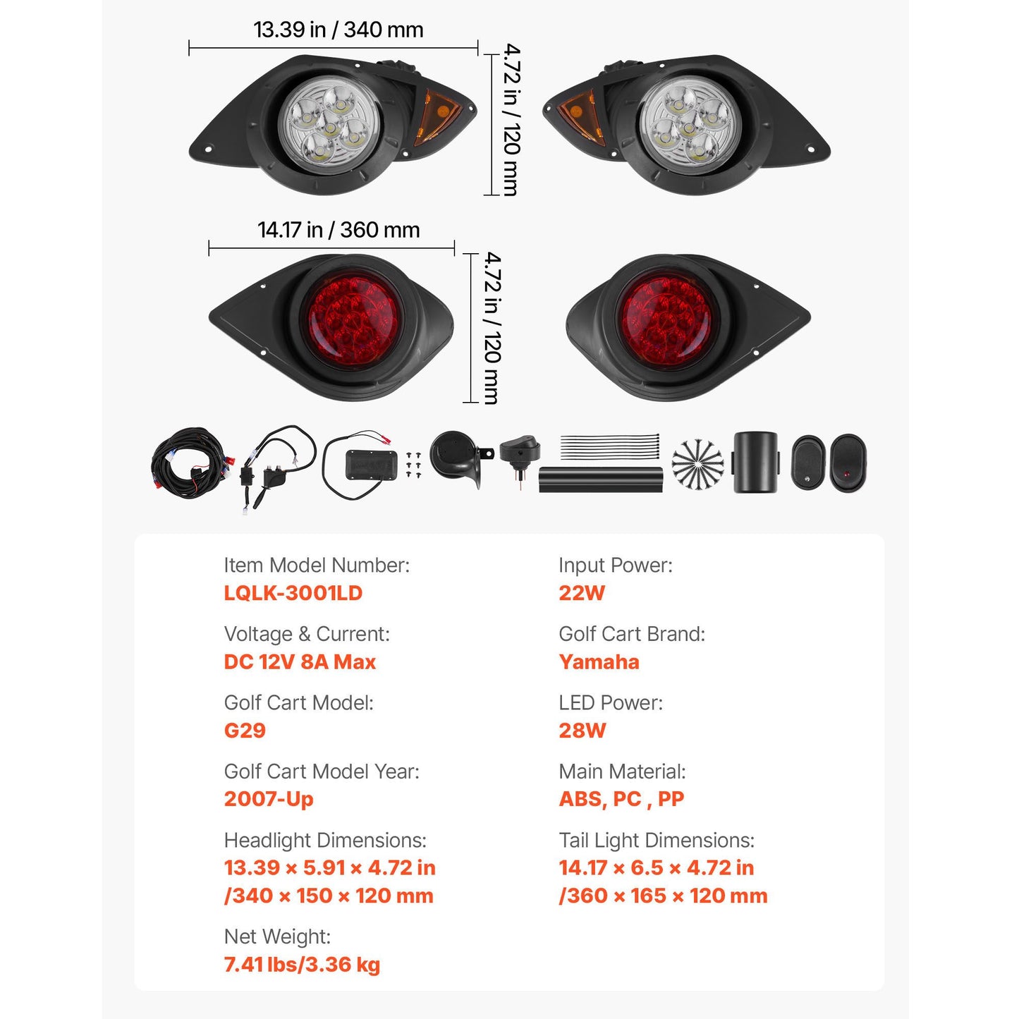 Golf Cart Light Kit, 12 Volt, Street Legal LED Headlight and Taillight Kit with Wiring Harness, Turn Signals, Hazard Light, Switch Horn, Brake Pad, Zip Ties, ABS Housing, for Yamaha G29 2007-Up