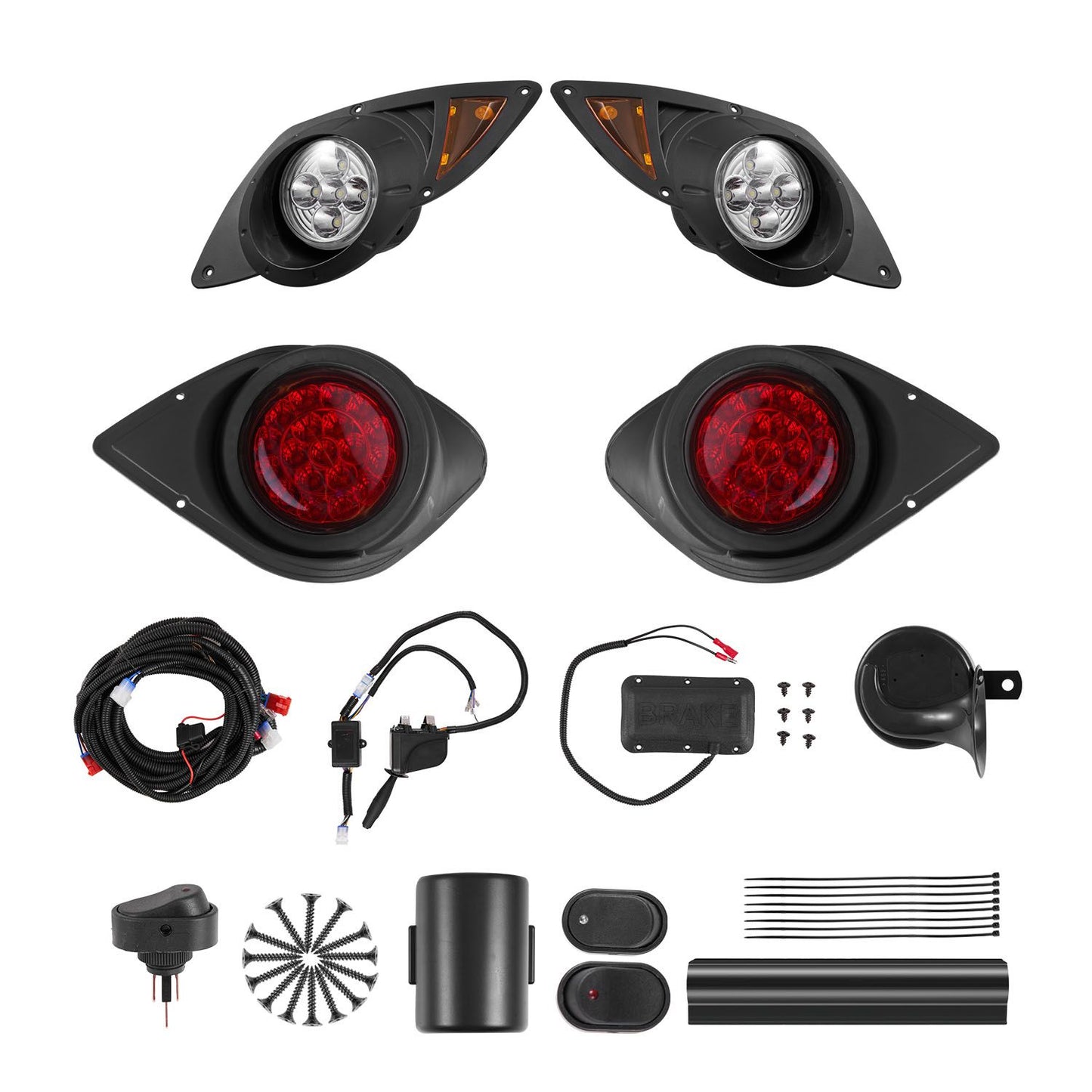 Golf Cart Light Kit, 12 Volt, Street Legal LED Headlight and Taillight Kit with Wiring Harness, Turn Signals, Hazard Light, Switch Horn, Brake Pad, Zip Ties, ABS Housing, for Yamaha G29 2007-Up