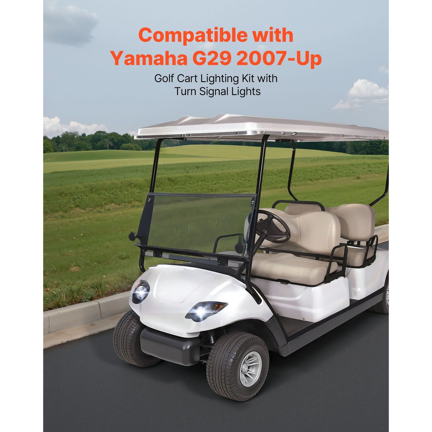 Golf Cart Light Kit, 12 Volt, Street Legal LED Headlight and Taillight Kit with Wiring Harness, Turn Signals, Hazard Light, Switch Horn, Brake Pad, Zip Ties, ABS Housing, for Yamaha G29 2007-Up
