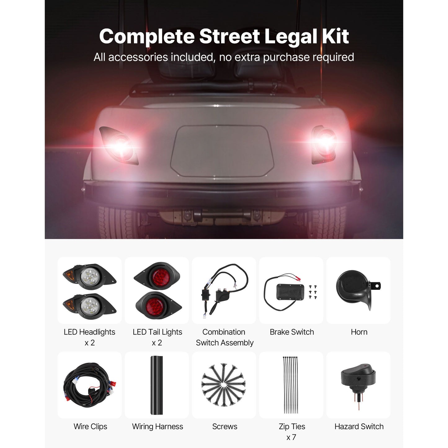 Golf Cart Light Kit, 12 Volt, Street Legal LED Headlight and Taillight Kit with Wiring Harness, Turn Signals, Hazard Light, Switch Horn, Brake Pad, Zip Ties, ABS Housing, for Yamaha G29 2007-Up