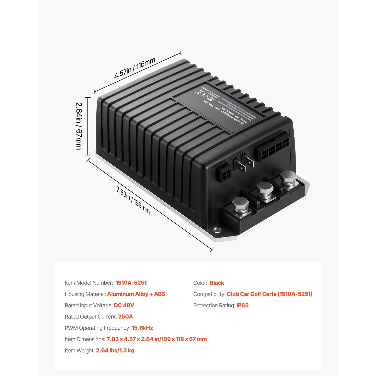 Golf Cart Speed Controller, 48V & 250A, DC Motor Controller Replacement for 2000-2008 Club Car Golf Carts, IP65 Rated Protection, Aluminum Alloy & ABS Housing, Compatible with 1510A-5251 Models