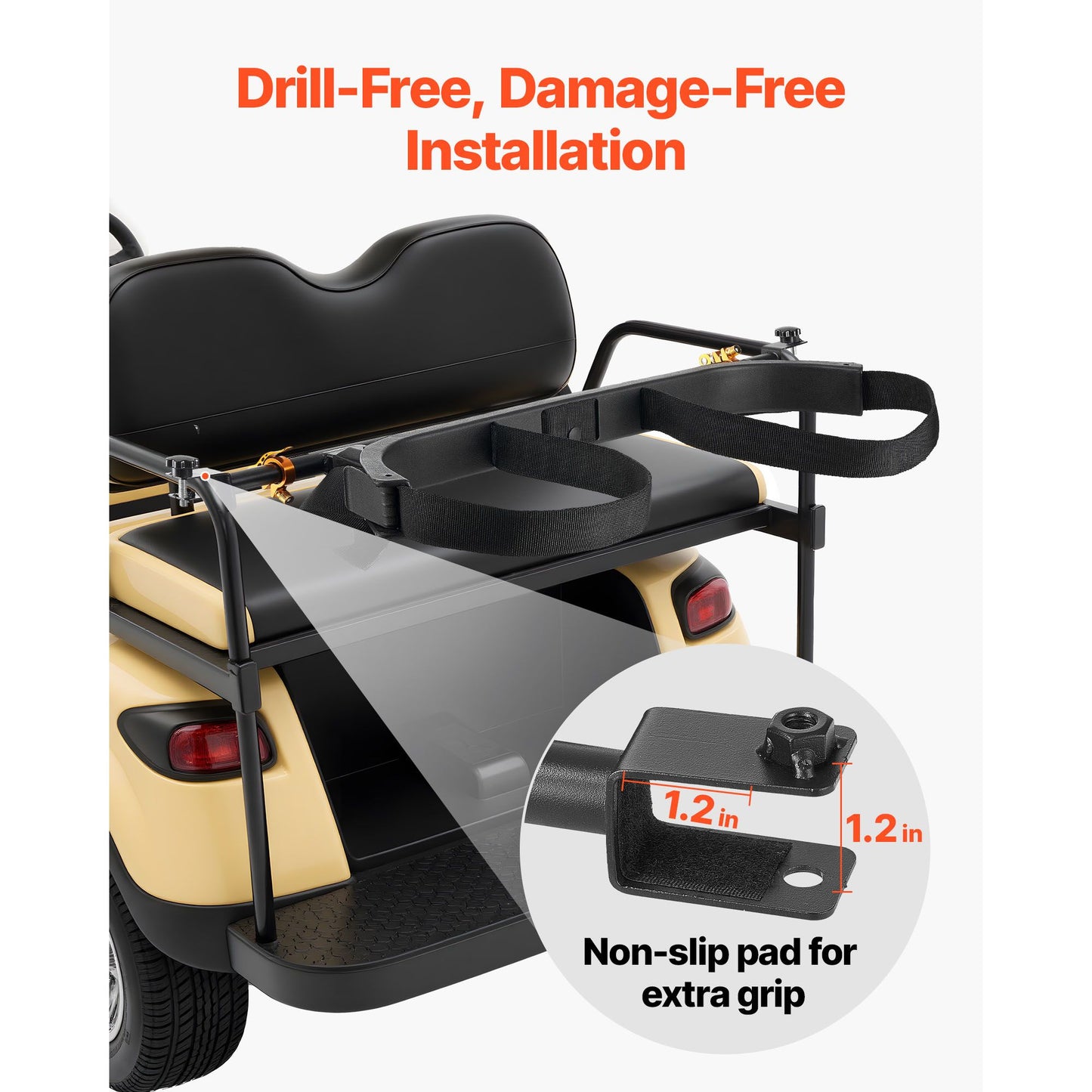Golf Cart Bag Holder, 53.9 x 7.7 x 2.4 Inch, Compatible with Most 2+2 Golf Cart Rear Seat with 1.2-Inch Square Tubes, Adjustable Rear Seat Carts Club Holder with Strap, No Drilling Required