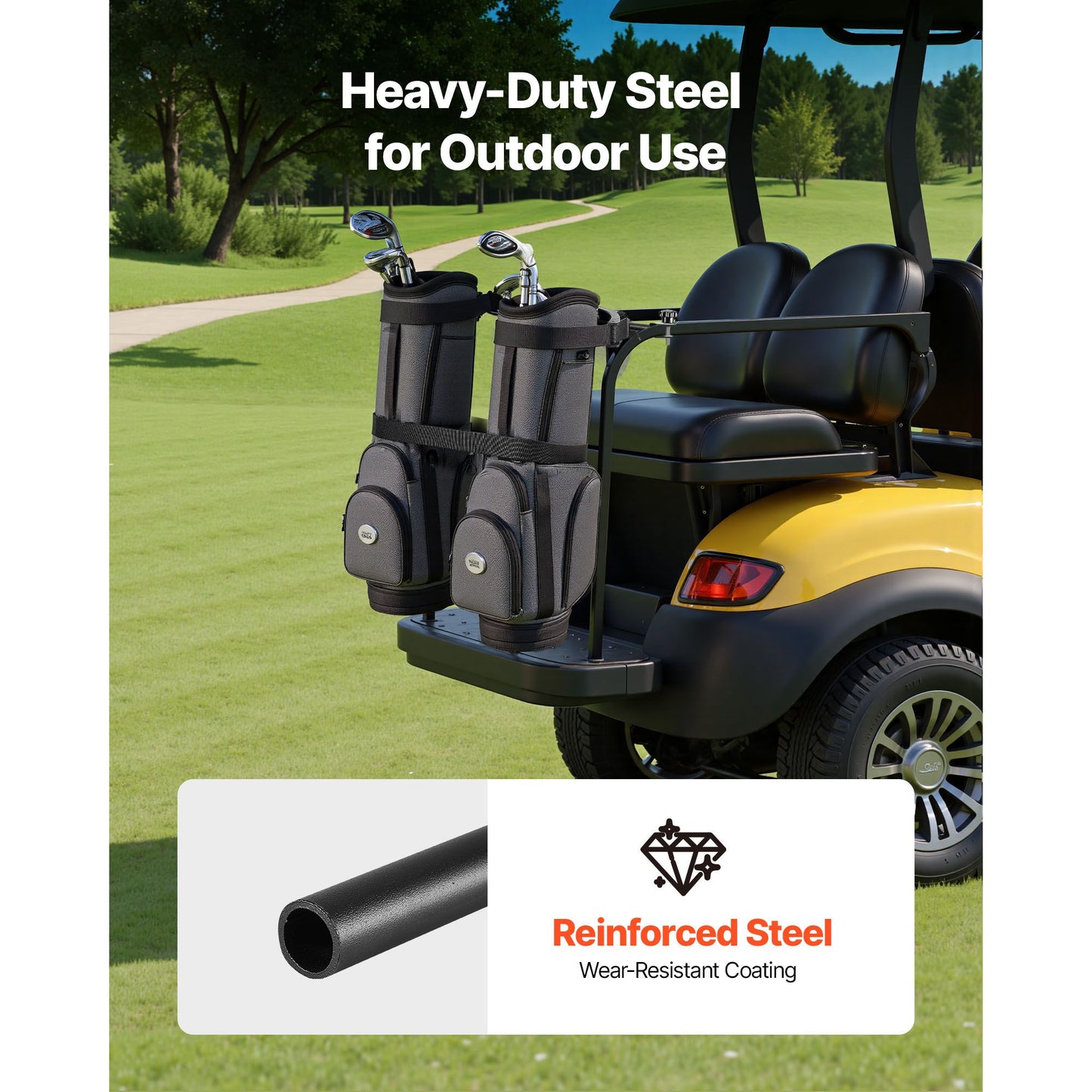 Golf Cart Bag Holder, 53.9 x 7.7 x 2.4 Inch, Compatible with Most 2+2 Golf Cart Rear Seat with 1.2-Inch Square Tubes, Adjustable Rear Seat Carts Club Holder with Strap, No Drilling Required