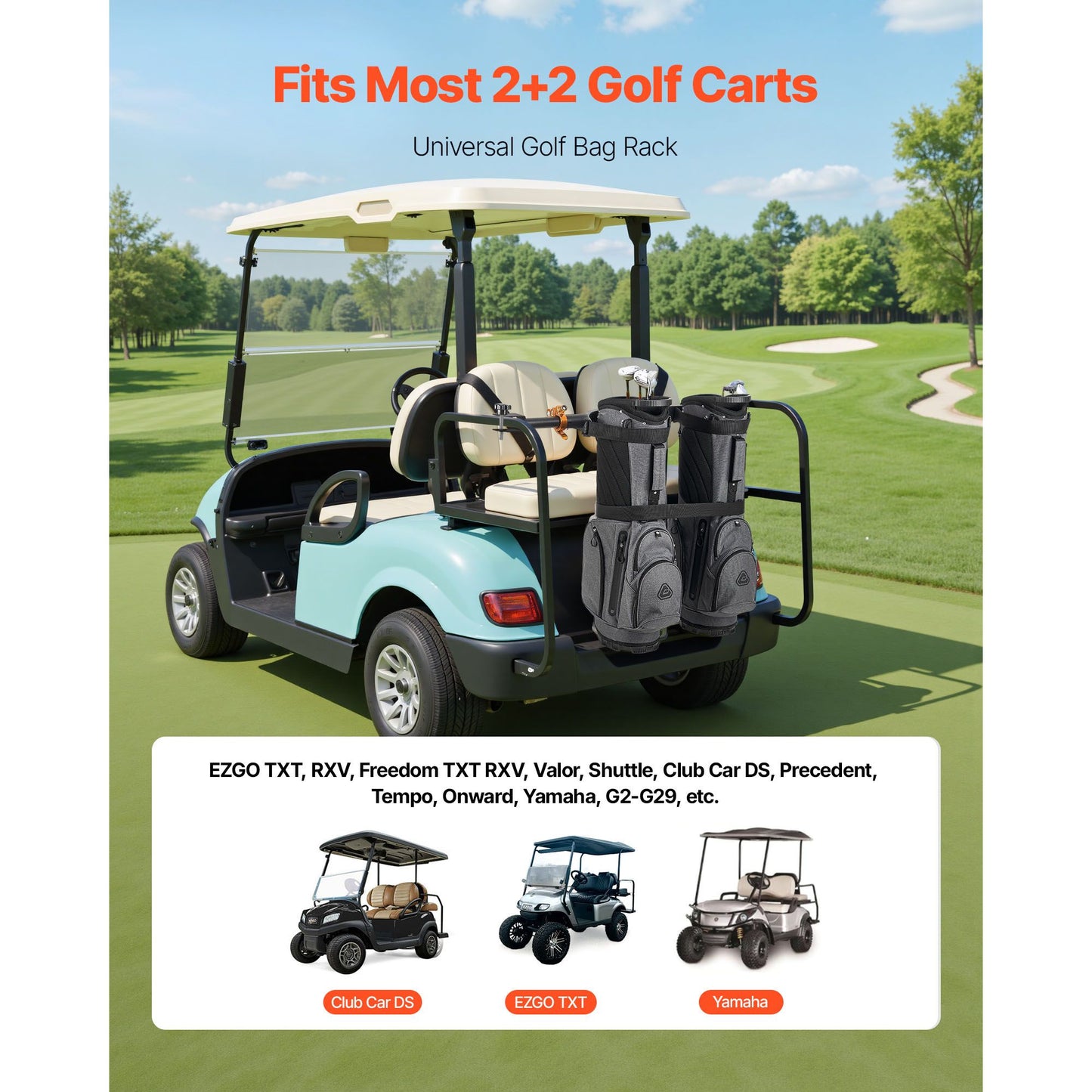 Golf Cart Bag Holder, 53.9 x 7.7 x 2.4 Inch, Compatible with Most 2+2 Golf Cart Rear Seat with 1.2-Inch Square Tubes, Adjustable Rear Seat Carts Club Holder with Strap, No Drilling Required