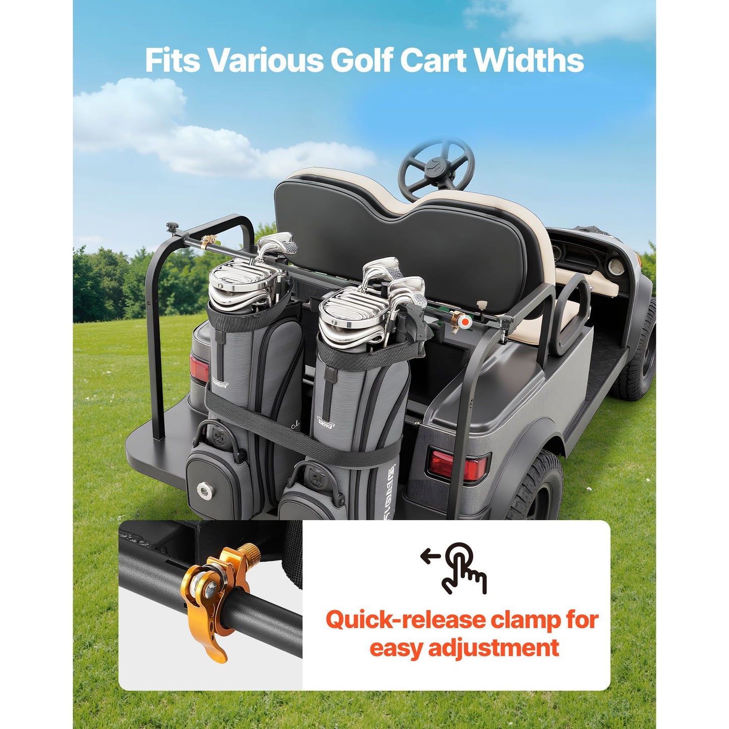 Golf Cart Bag Holder, 53.9 x 7.7 x 2.4 Inch, Compatible with Most 2+2 Golf Cart Rear Seat with 1.2-Inch Square Tubes, Adjustable Rear Seat Carts Club Holder with Strap, No Drilling Required