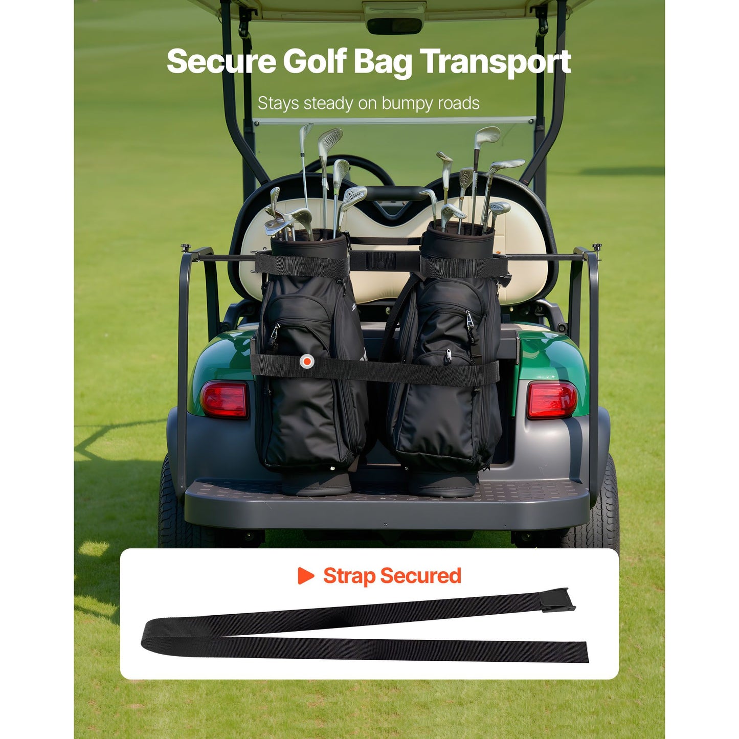 Golf Cart Bag Holder, 53.9 x 7.7 x 2.4 Inch, Compatible with Most 2+2 Golf Cart Rear Seat with 1.2-Inch Square Tubes, Adjustable Rear Seat Carts Club Holder with Strap, No Drilling Required