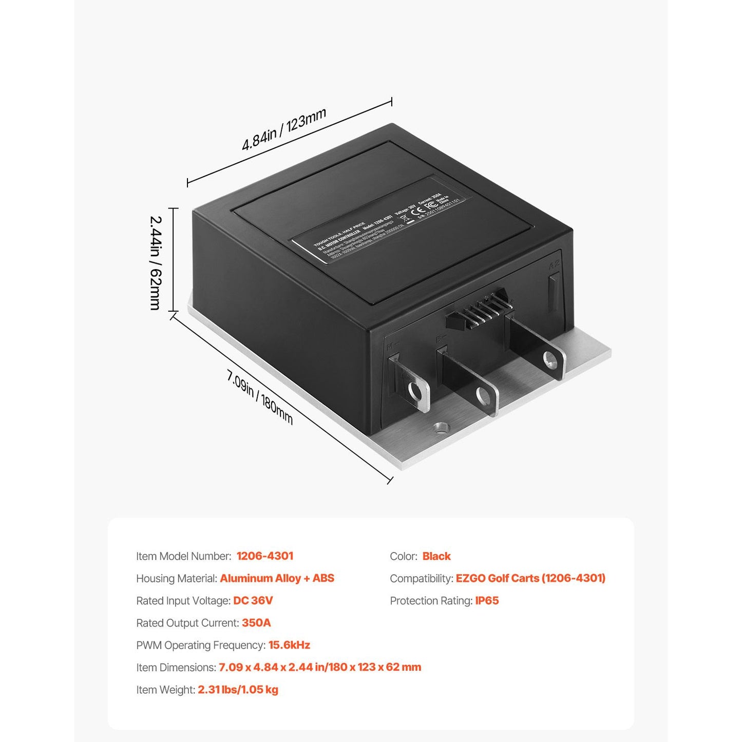 Golf Cart Speed Controller, 36V and 350A, DC Motor Controller Replacement for 1994-2019 EZGO Golf Carts, IP65 Rated Protection, Aluminum Alloy & ABS Housing, Compatible with 1206-4301 Models
