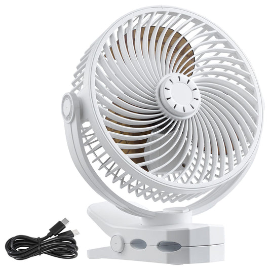 Portable Clip Fan, Rechargeable Clip On Fan, USB Port with 3 Speeds & Circulation Mode, Strong Airflow Sturdy Clamp, Long Runtime for Desk, Golf Cart, Outdoor Camping Treadmill, Office, White