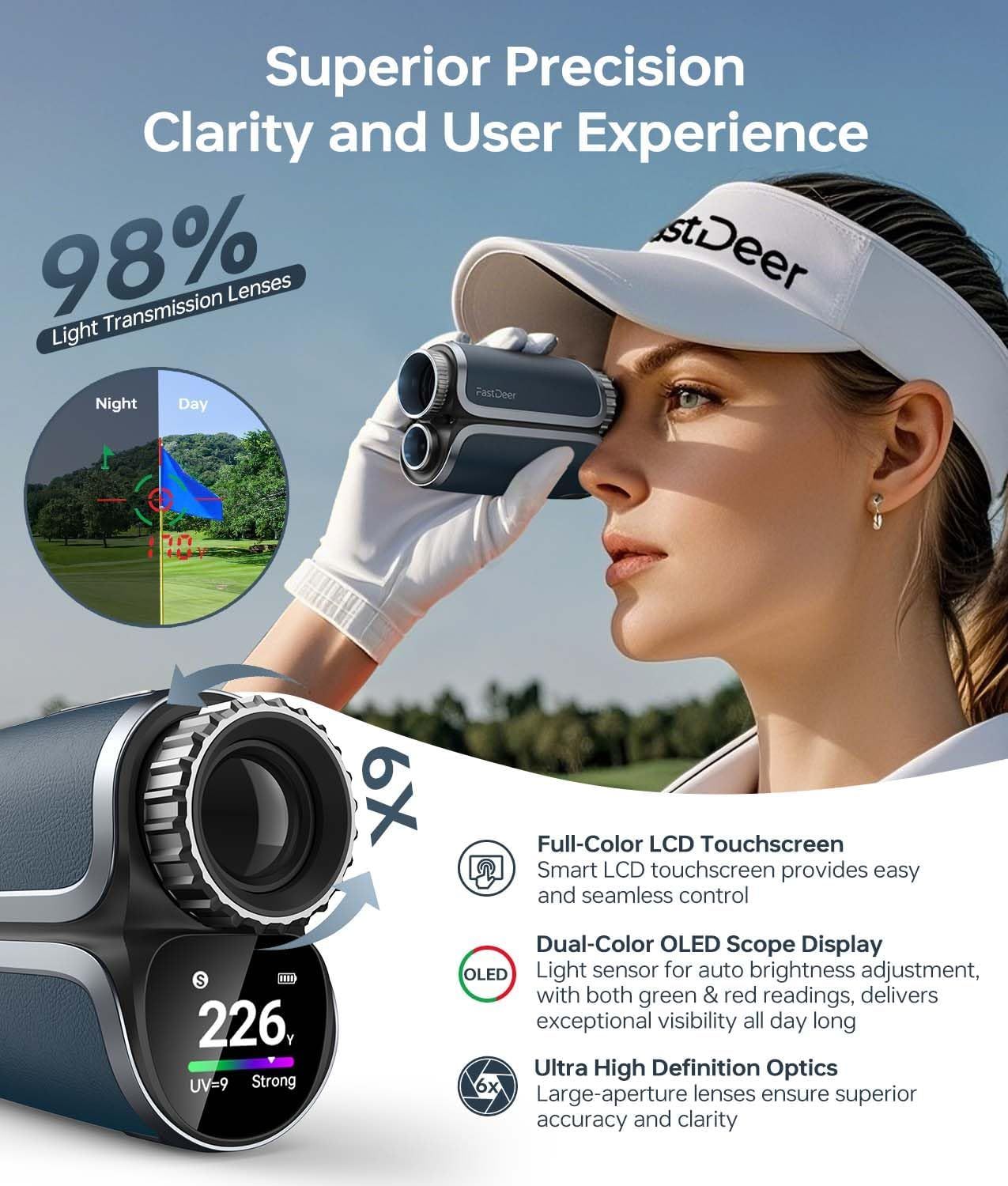 FastDeer Range Finder Golf S2,Premium Touchscreen & Automatic Brightness Adjustment High Precision Golf Rangefinder, Flag Lock Vibration,Golf Rangefinder with Slope,Triangulation,UV Reminder,Rain Mode
