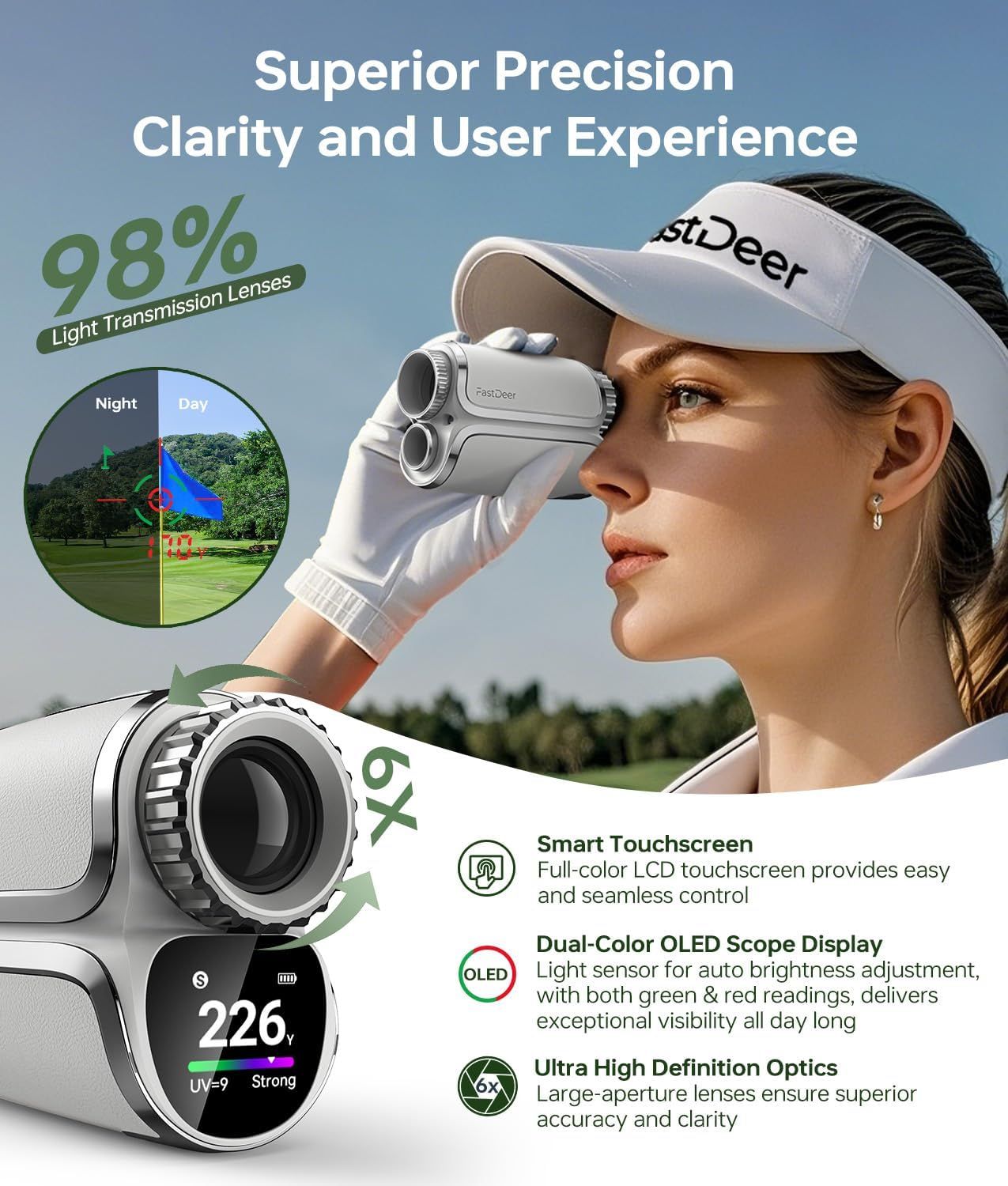 FastDeer Range Finder Golf S2,Premium Touchscreen & Automatic Brightness Adjustment High Precision Golf Rangefinder, Flag Lock Vibration,Golf Rangefinder with Slope,Triangulation,UV Reminder,Rain Mode