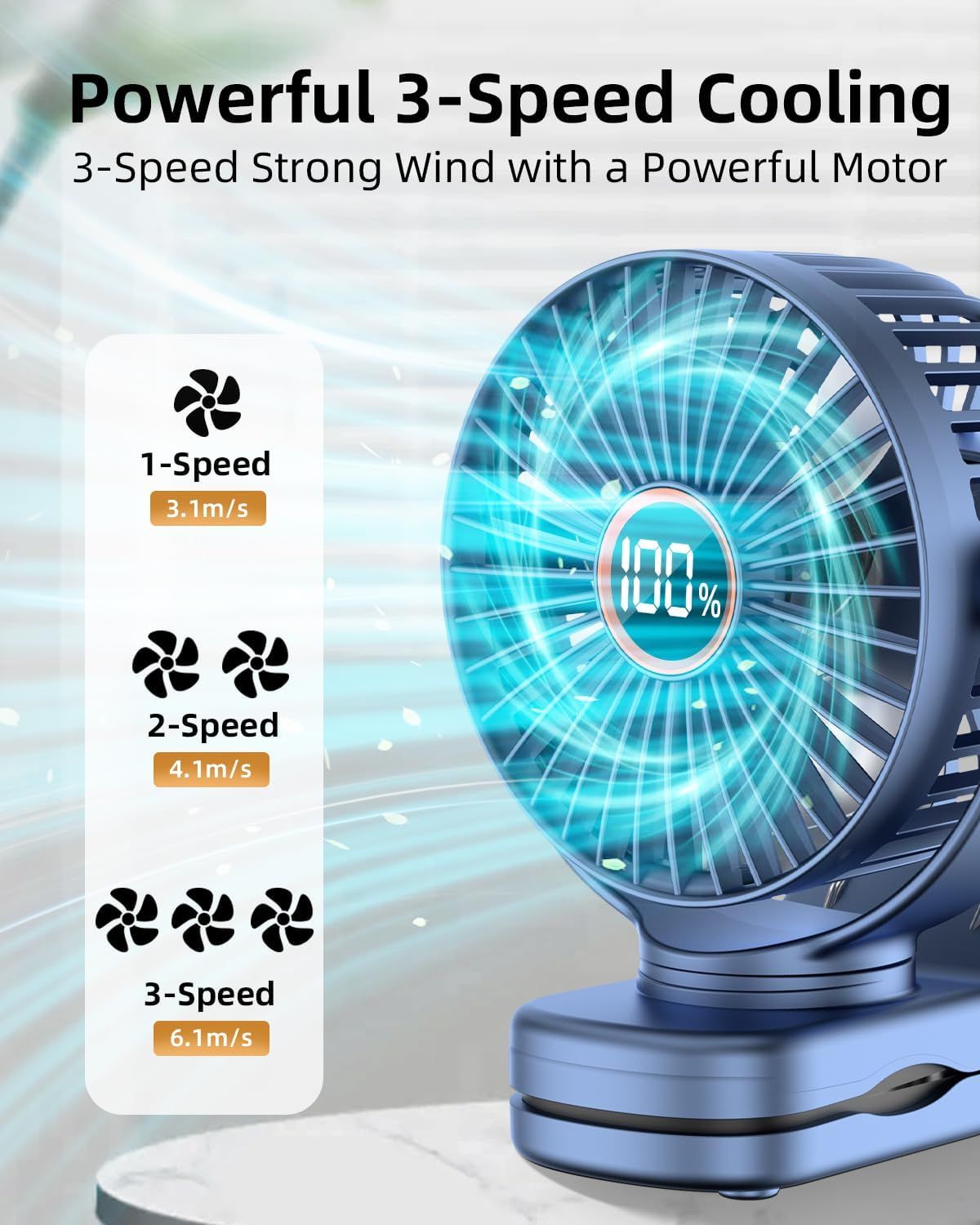 Portable Mini Personal Fan, Small Rechargeable Battery Powered Stroller Fan for Desk, Strong Clamp Grip, 360° Rotation, 3-Speed, LED Display, Clip On Cooler for Bed, Golf Cart, Office