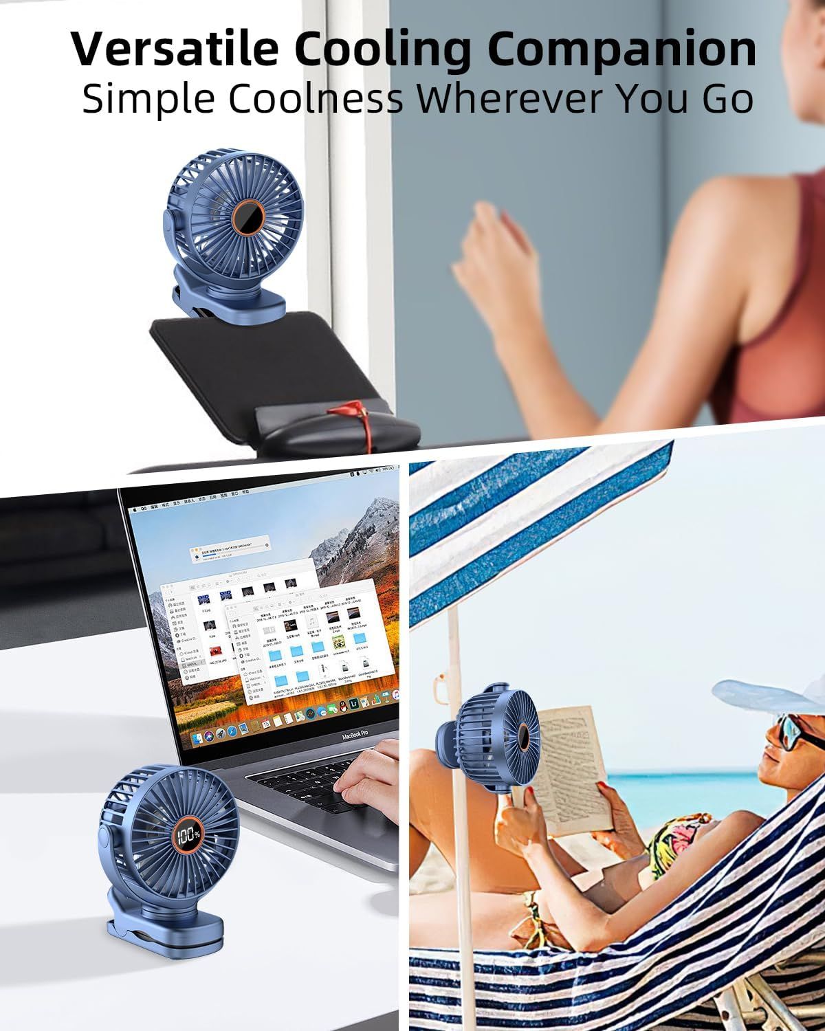 Portable Mini Personal Fan, Small Rechargeable Battery Powered Stroller Fan for Desk, Strong Clamp Grip, 360° Rotation, 3-Speed, LED Display, Clip On Cooler for Bed, Golf Cart, Office