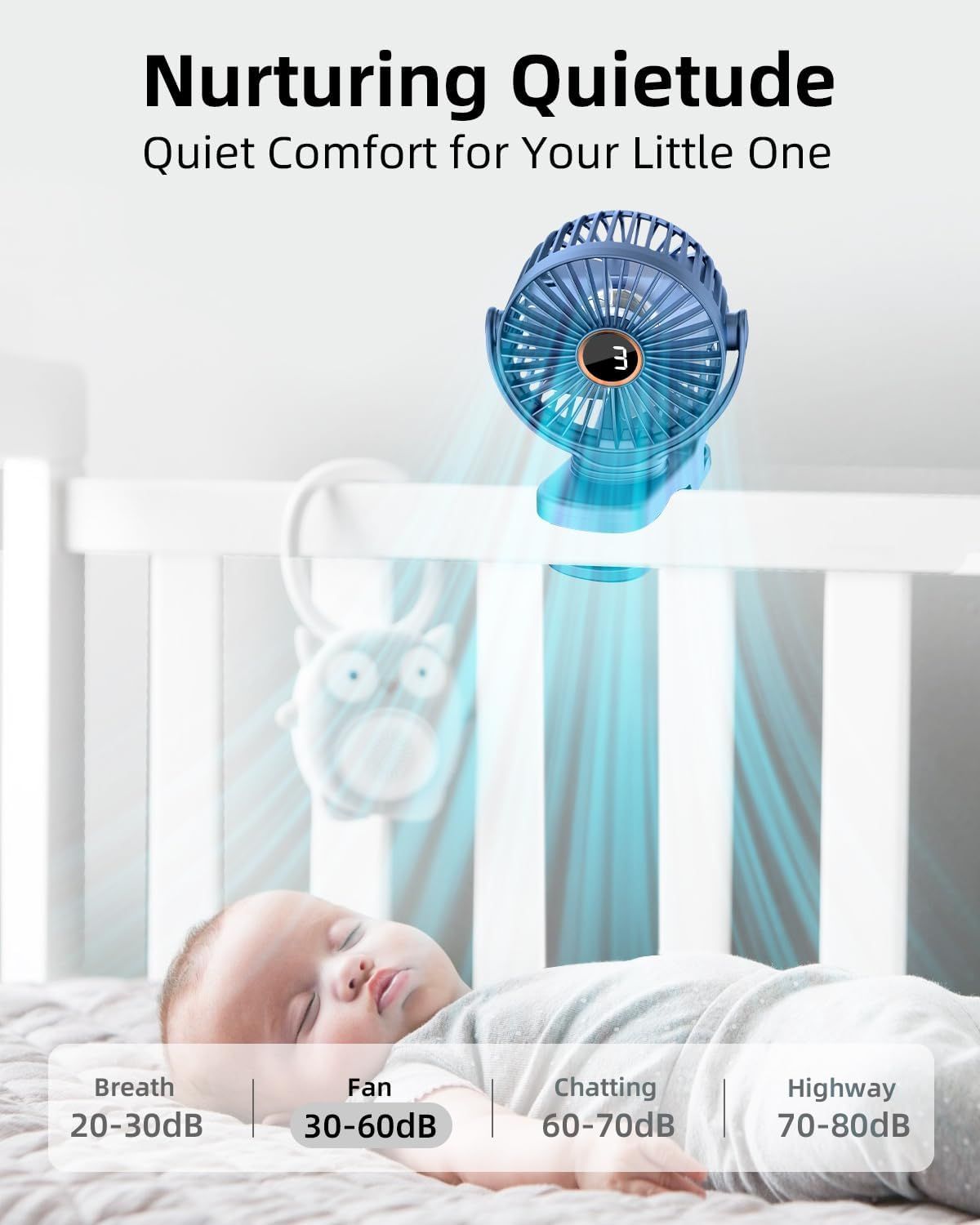 Portable Mini Personal Fan, Small Rechargeable Battery Powered Stroller Fan for Desk, Strong Clamp Grip, 360° Rotation, 3-Speed, LED Display, Clip On Cooler for Bed, Golf Cart, Office