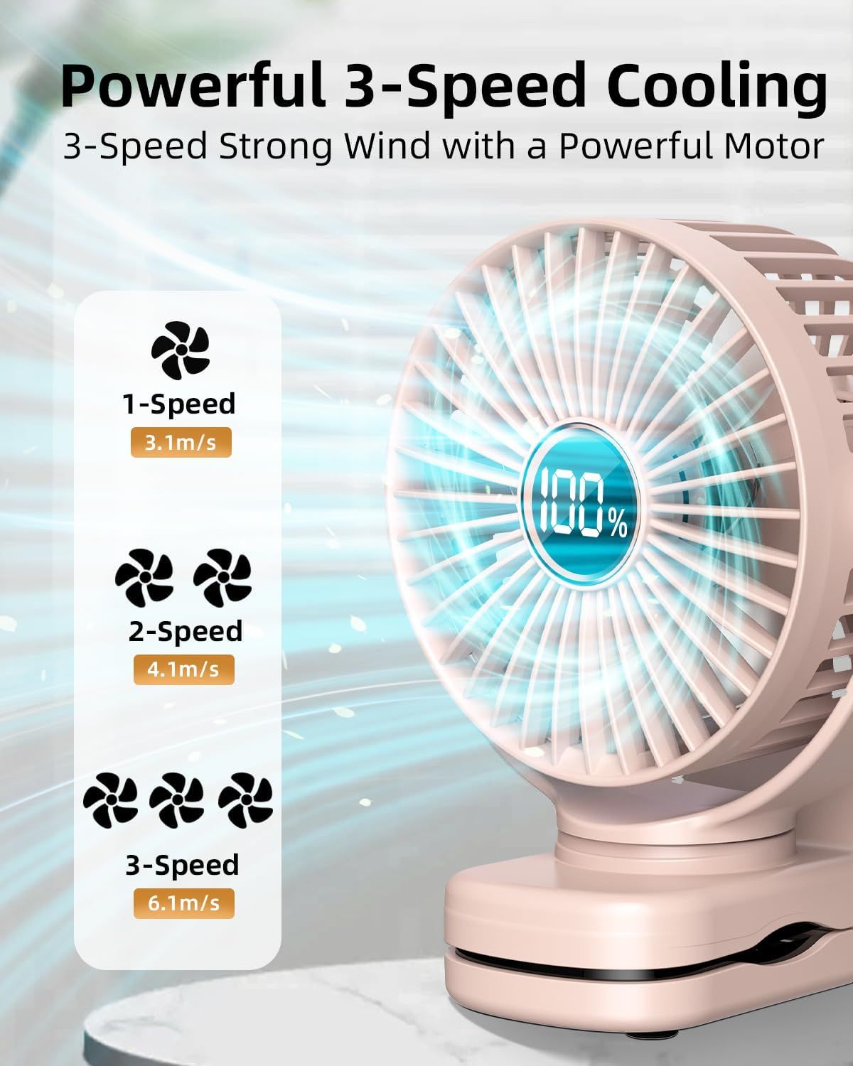 Portable Mini Personal Fan, Small Rechargeable Battery Powered Stroller Fan for Desk, Strong Clamp Grip, 360° Rotation, 3-Speed, LED Display, Clip On Cooler for Bed, Golf Cart, Office