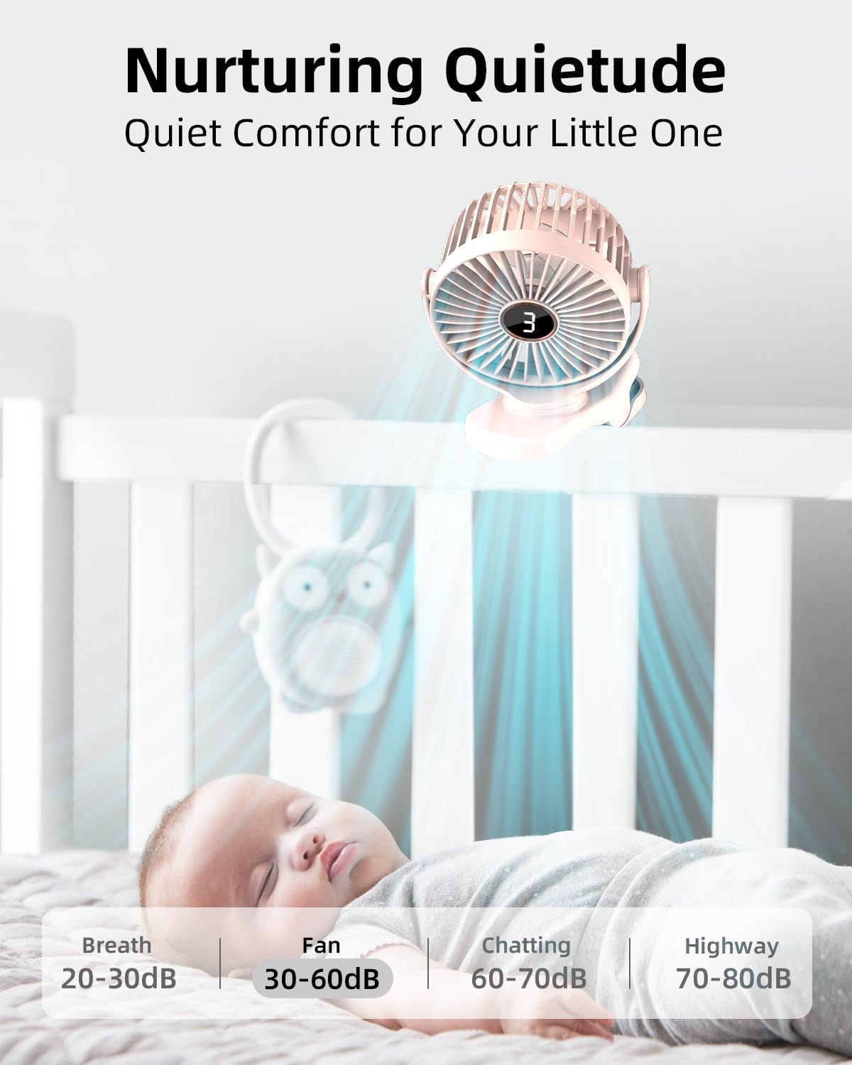 Portable Mini Personal Fan, Small Rechargeable Battery Powered Stroller Fan for Desk, Strong Clamp Grip, 360° Rotation, 3-Speed, LED Display, Clip On Cooler for Bed, Golf Cart, Office