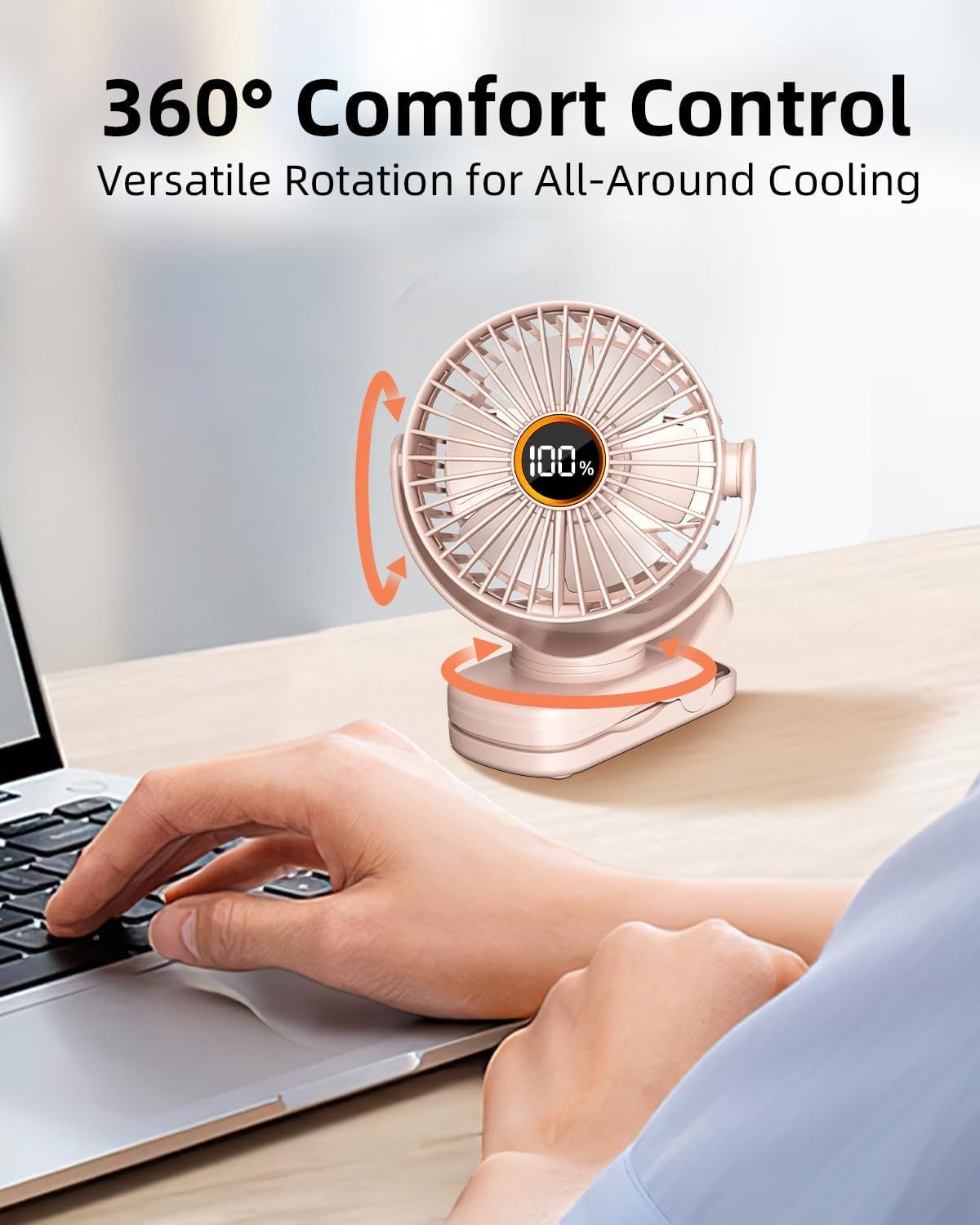 Portable Mini Personal Fan, Small Rechargeable Battery Powered Stroller Fan for Desk, Strong Clamp Grip, 360° Rotation, 3-Speed, LED Display, Clip On Cooler for Bed, Golf Cart, Office