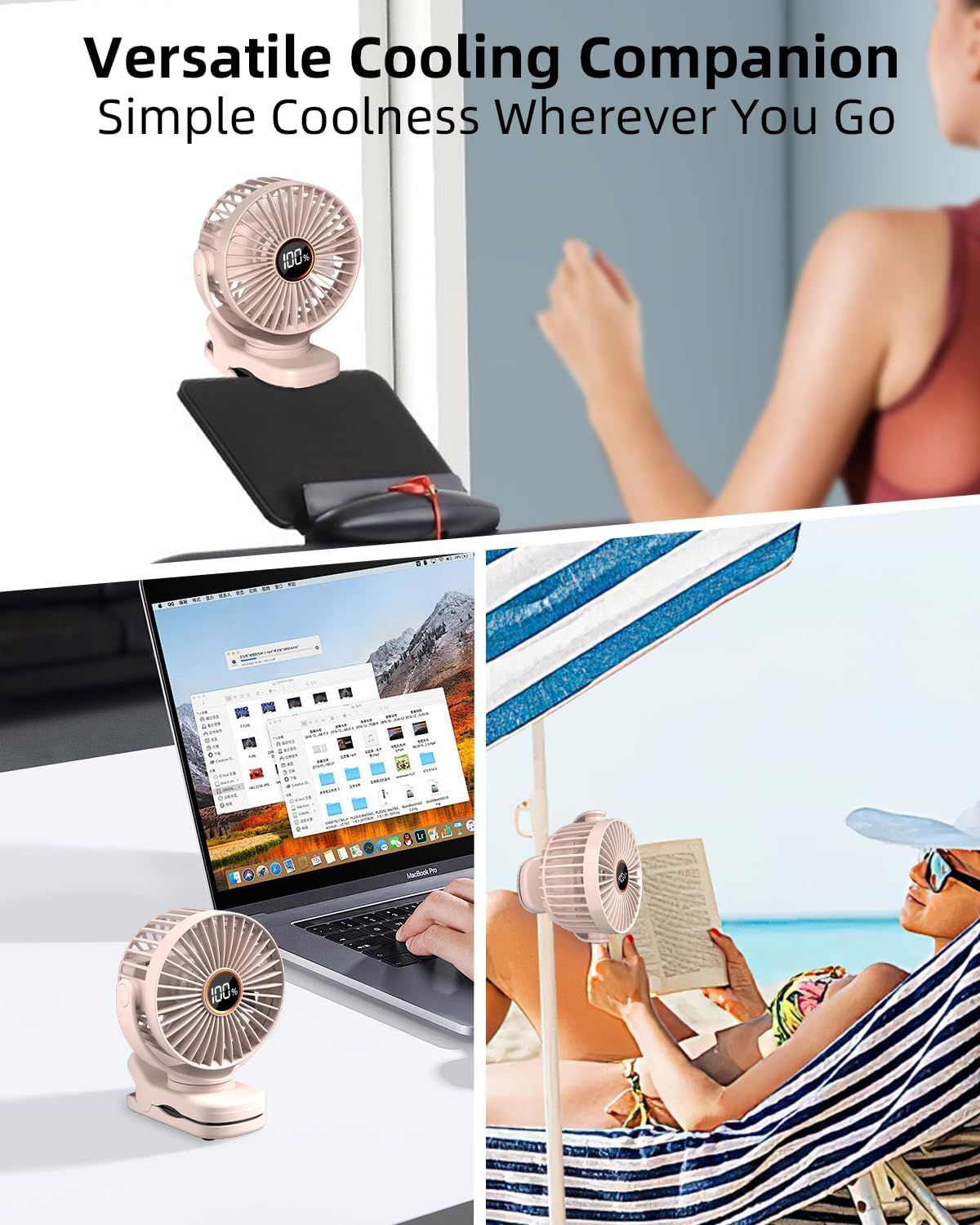 Portable Mini Personal Fan, Small Rechargeable Battery Powered Stroller Fan for Desk, Strong Clamp Grip, 360° Rotation, 3-Speed, LED Display, Clip On Cooler for Bed, Golf Cart, Office