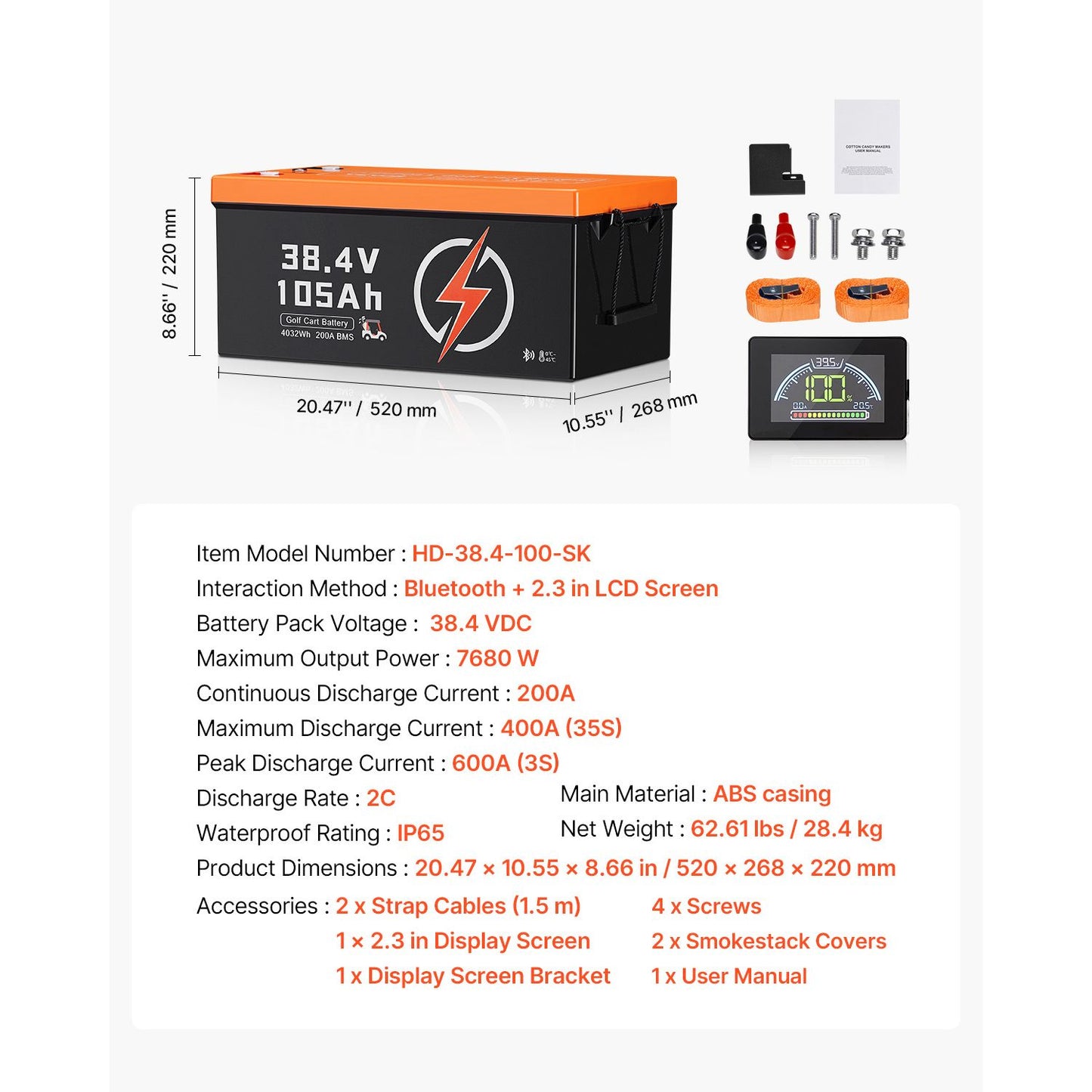 36V 105Ah Golf Cart Lithium Battery, 36 Volt Golf Cart Battery with 200A BMS, LCD Monitor and Mobile APP, LiFePO4 Battery with 600A Peak Current, ABS Shell and 4000+ Cycles, for Golf Carts