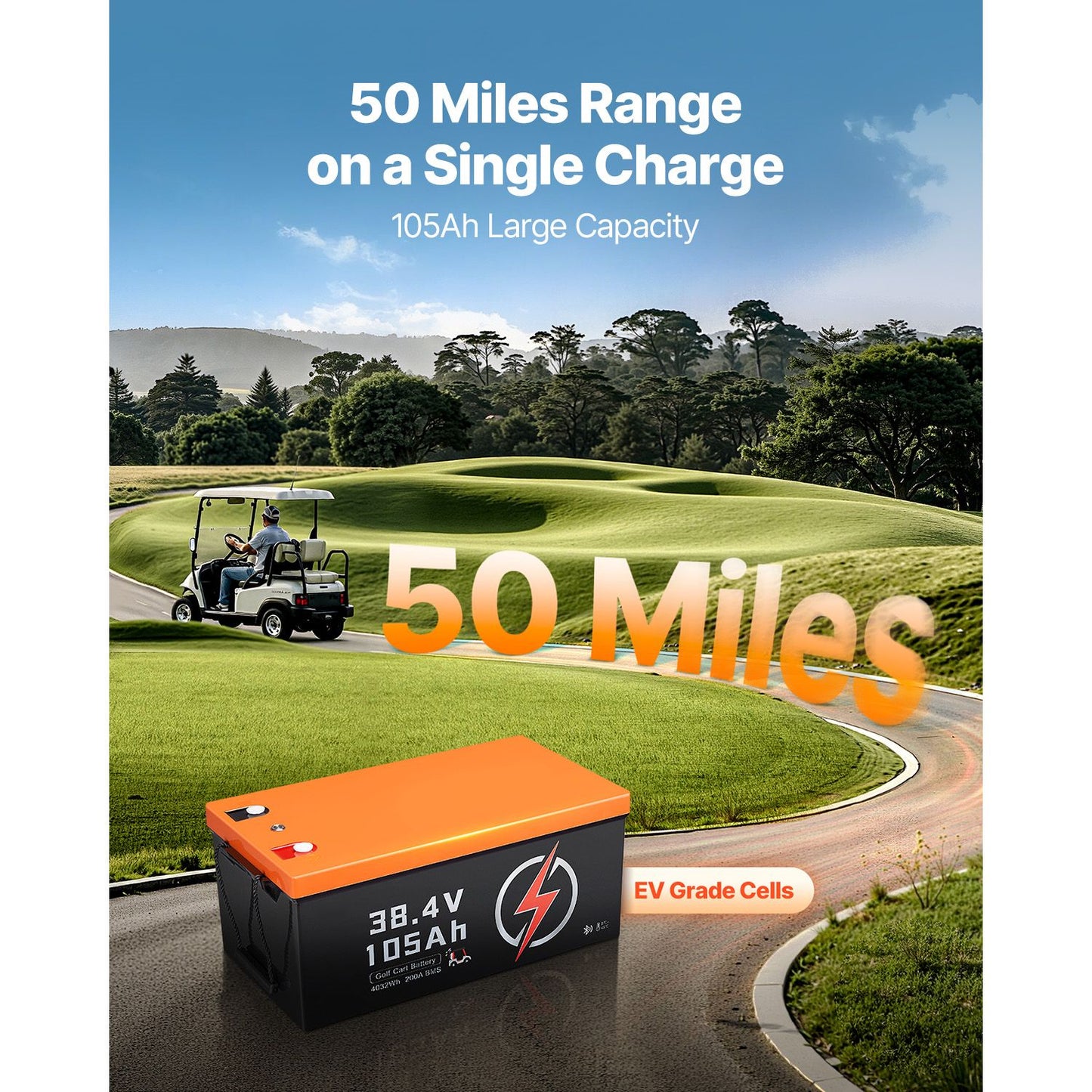 36V 105Ah Golf Cart Lithium Battery, 36 Volt Golf Cart Battery with 200A BMS, LCD Monitor and Mobile APP, LiFePO4 Battery with 600A Peak Current, ABS Shell and 4000+ Cycles, for Golf Carts