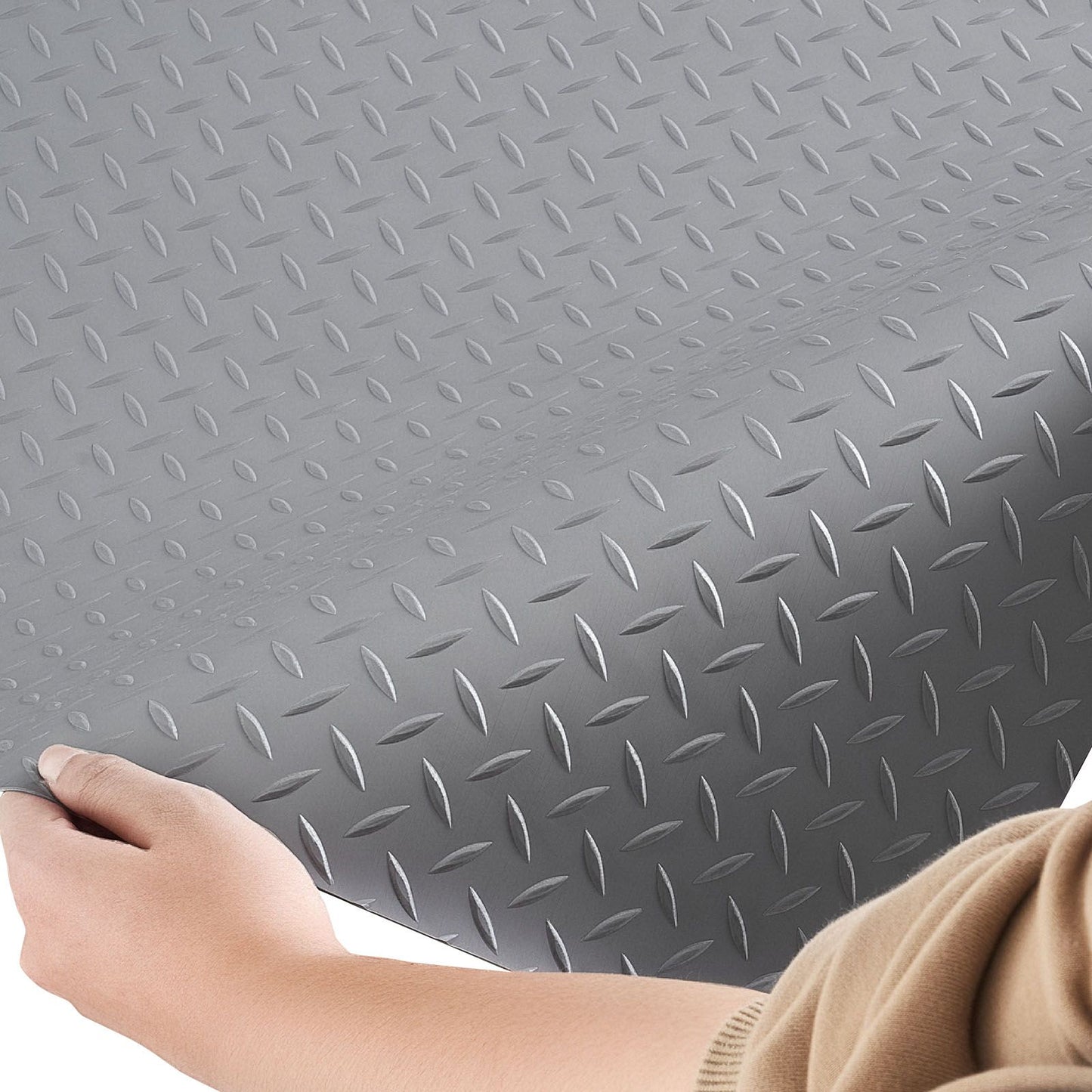 Garage Floor Roll, 7.5 x 17 ft Garage Flooring Mat, 2.2 mm Thickened PVC Diamond Plate Floor Protector Mat with Double-sided Tape, Non-Slip, Easy to Clean for Warehouse, Gyms,Silver Gray