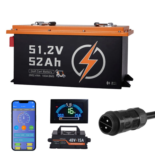 48V (51.2V) 52AH Lithium Golf Cart Battery, with 15A Charger, Lifepo4 Battery Kit, Built-in 100A BMS, with Bluetooth Mobile APP & Display Monitor, 4000 Cycles, for Golf Carts, Trolling Motors