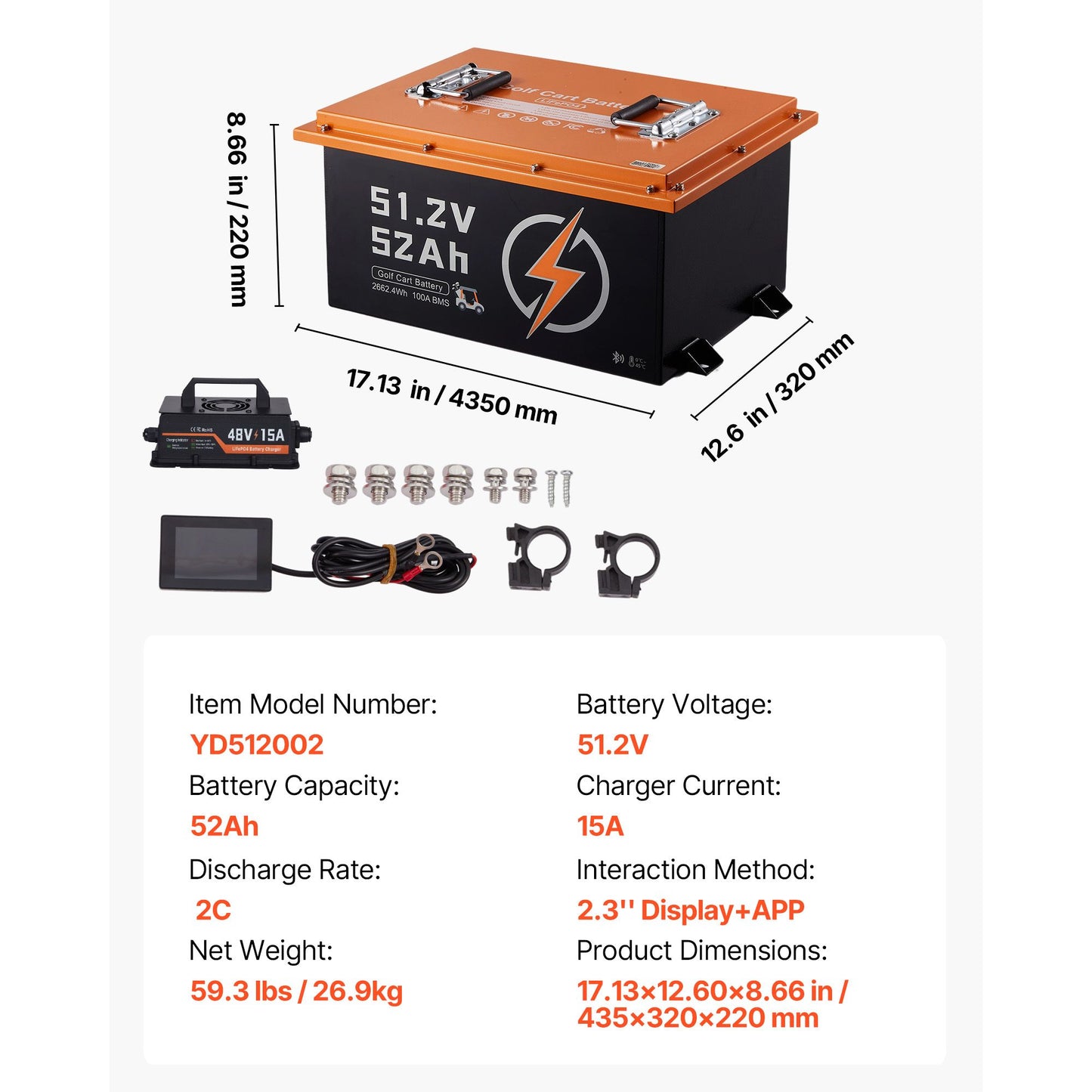 48V (51.2V) 52AH Lithium Golf Cart Battery, with 15A Charger, Lifepo4 Battery Kit, Built-in 100A BMS, with Bluetooth Mobile APP & Display Monitor, 4000 Cycles, for Golf Carts, Trolling Motors
