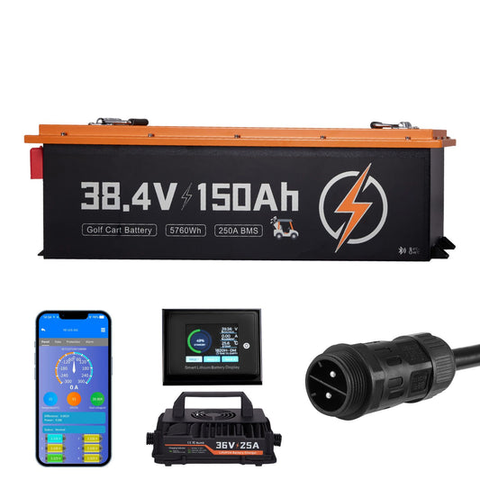 36V (38.4V) 150AH Lithium Golf Cart Battery, with 25A Charger, Lifepo4 Battery Kit, Built-in 250A BMS, with Bluetooth Mobile APP & Touch Monitor, 4000 Cycles, for Golf Carts, Trolling Motors