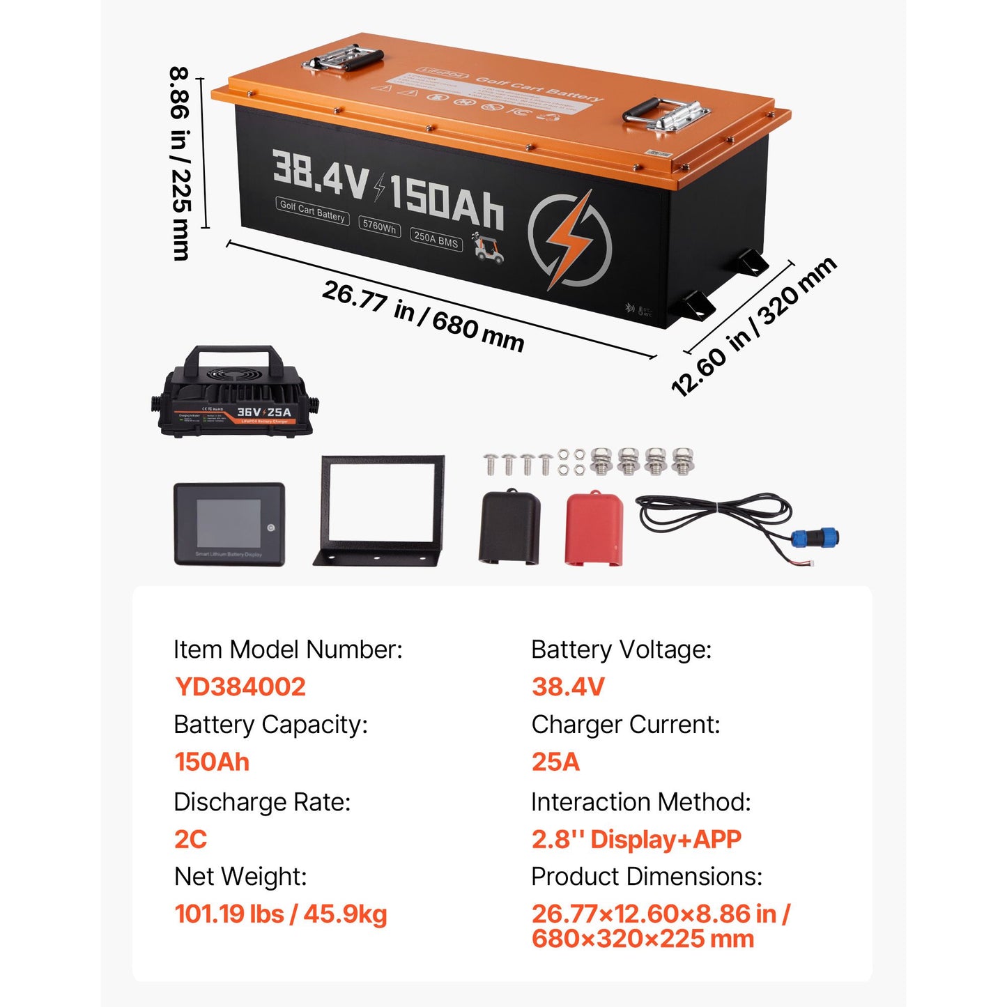 36V (38.4V) 150AH Lithium Golf Cart Battery, with 25A Charger, Lifepo4 Battery Kit, Built-in 250A BMS, with Bluetooth Mobile APP & Touch Monitor, 4000 Cycles, for Golf Carts, Trolling Motors