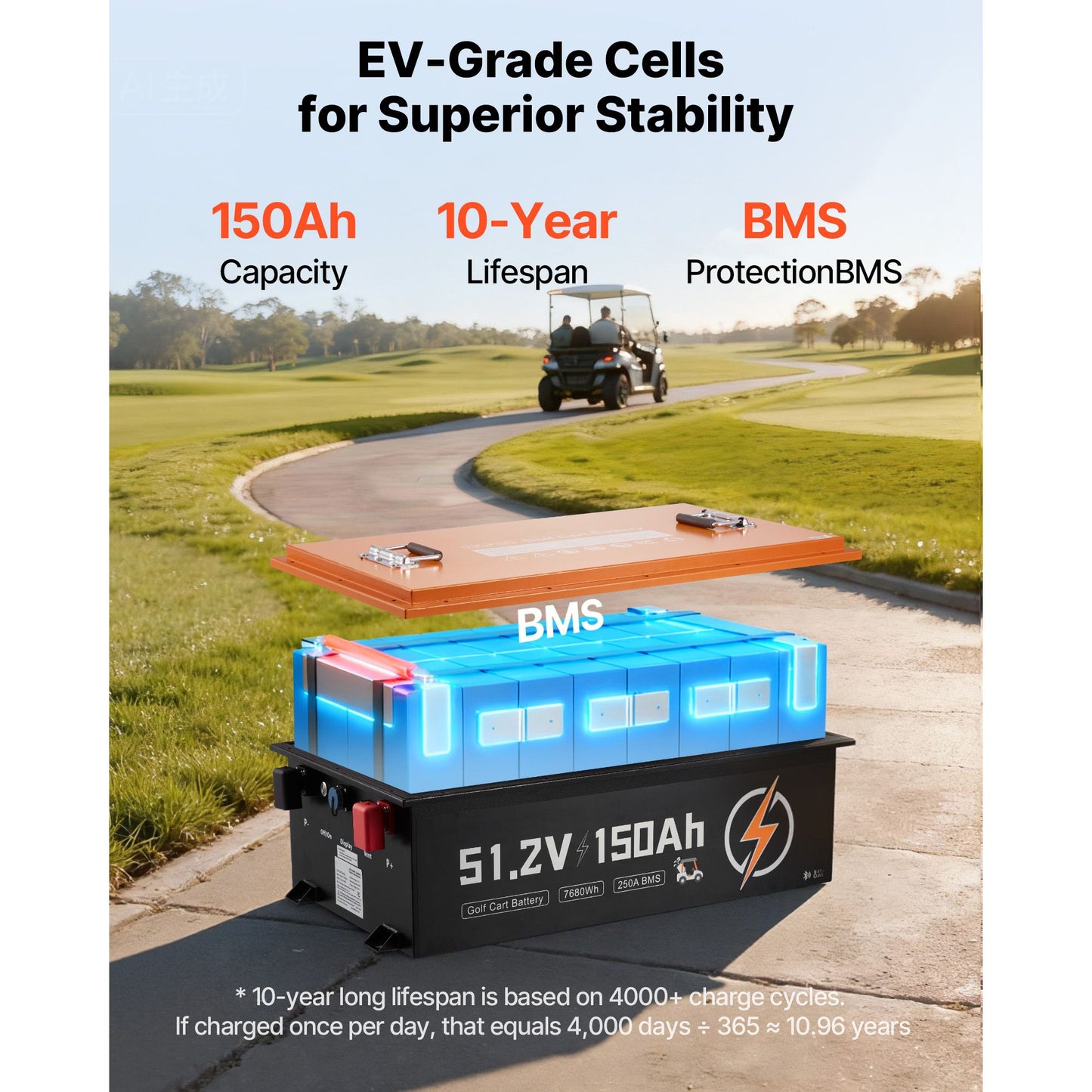 48V (51.2V) 150AH Lithium Golf Cart Battery, with 20A Charger, Lifepo4 Battery Kit, Built-in 250A BMS, with Bluetooth & Touch Monitor, 2C Discharge, 4000 Cycles, for Golf Carts, Trolling Motors