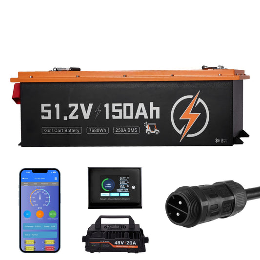 48V (51.2V) 150AH Lithium Golf Cart Battery, with 20A Charger, Lifepo4 Battery Kit, Built-in 250A BMS, with Bluetooth & Touch Monitor, 2C Discharge, 4000 Cycles, for Golf Carts, Trolling Motors