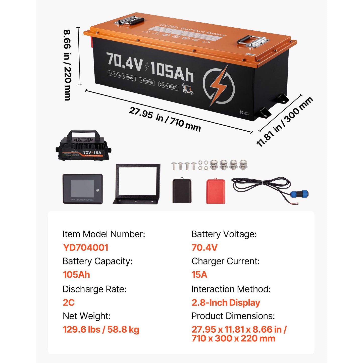 72V (70.4V) 105AH Lithium Golf Cart Battery, with 15A Charger, Lifepo4 Battery Kit, Built-in 200A BMS, with Bluetooth & Touch Monitor, 2C Discharge, 4000 Cycles, for Golf Carts, Trolling Motors