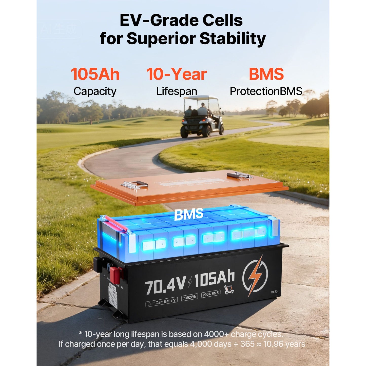 72V (70.4V) 105AH Lithium Golf Cart Battery, with 15A Charger, Lifepo4 Battery Kit, Built-in 200A BMS, with Bluetooth & Touch Monitor, 2C Discharge, 4000 Cycles, for Golf Carts, Trolling Motors