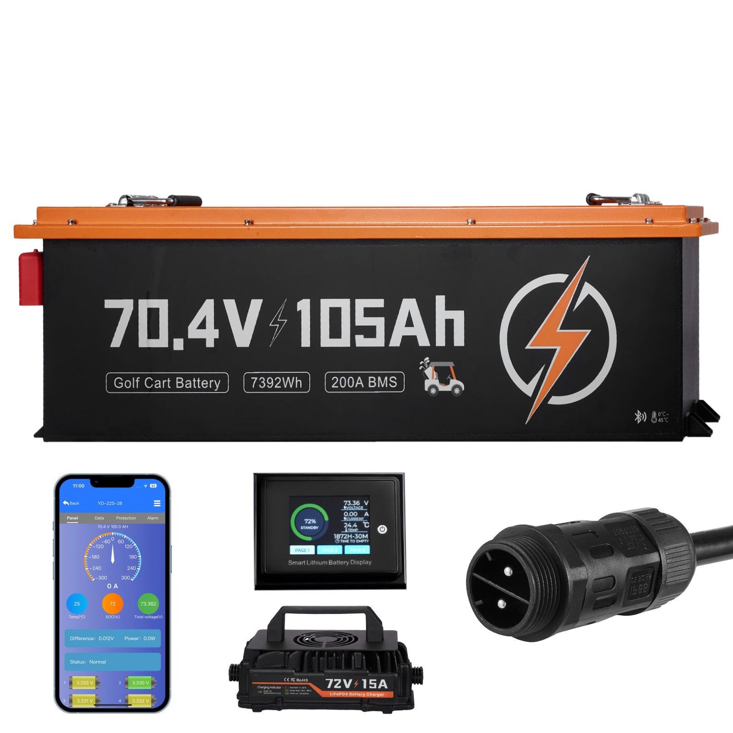 72V (70.4V) 105AH Lithium Golf Cart Battery, with 15A Charger, Lifepo4 Battery Kit, Built-in 200A BMS, with Bluetooth & Touch Monitor, 2C Discharge, 4000 Cycles, for Golf Carts, Trolling Motors