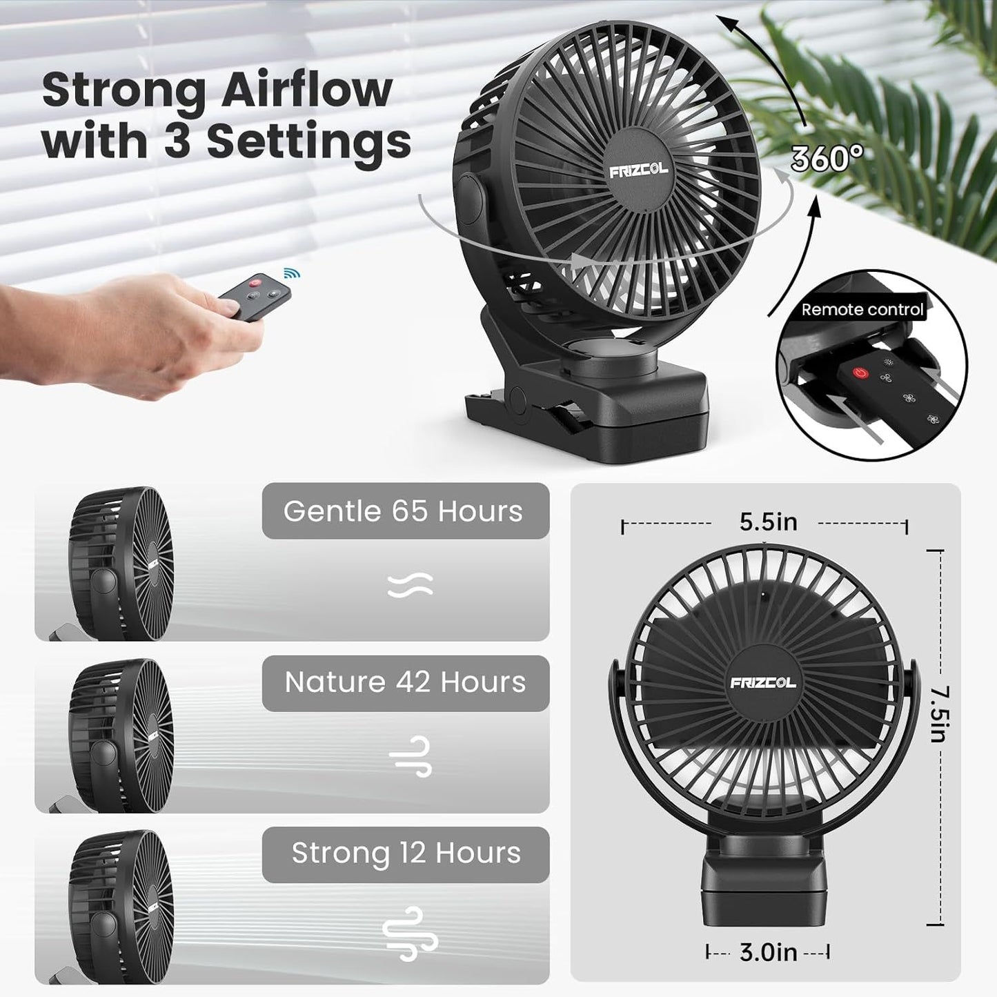 Portable Clip on Fan 65 Working Hours, Camping Fans with LED Lights & Hook, 12000 Capacity Battery Operated Fan with Clamp, USB Rechargeable for Desk, Tent, Treadmill, Stroller, Golf Cart, Home