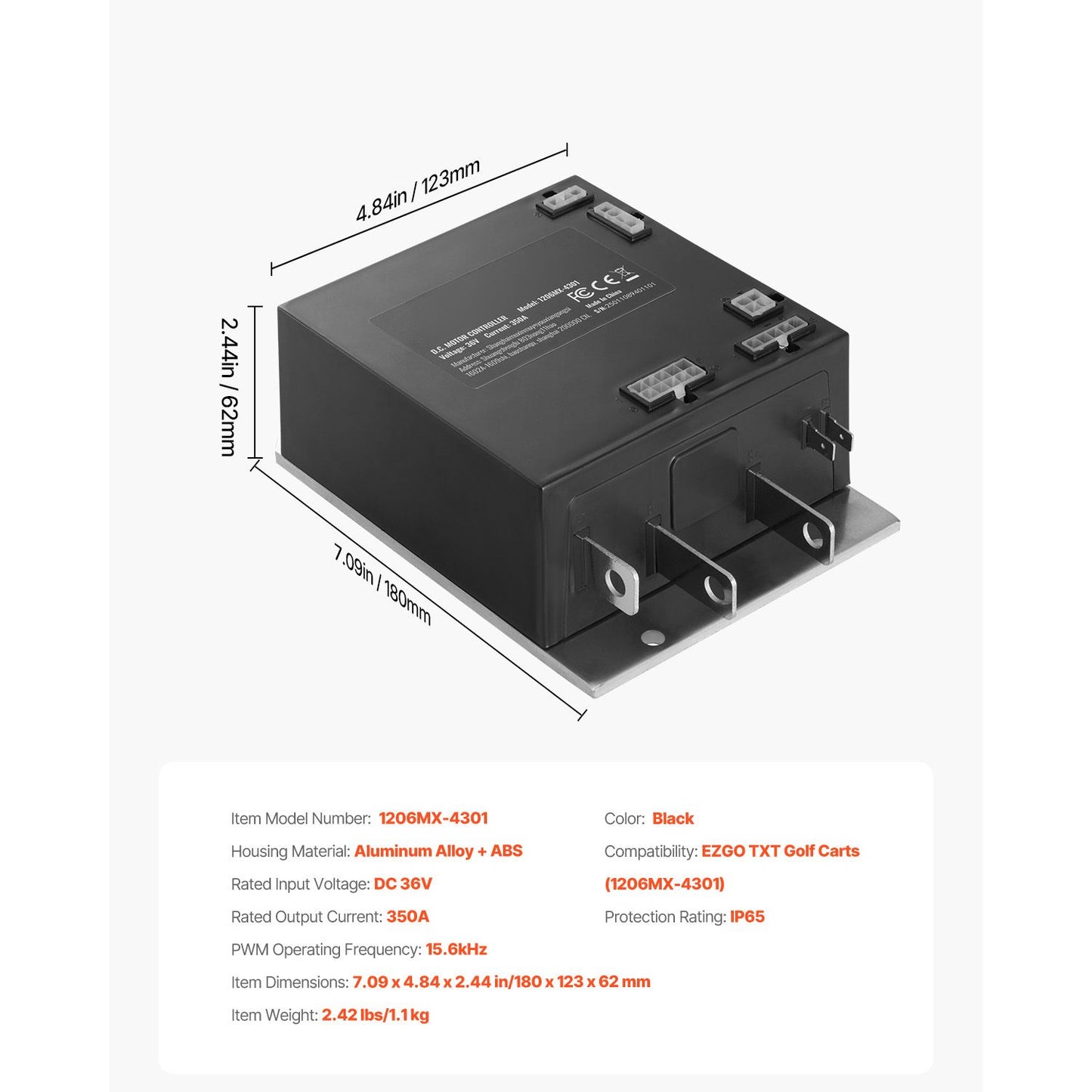 Golf Cart Speed Controller, 36V 350A, DC Motor Controller Replacement for 2000-2009 EZGO TXT Golf Carts, IP65 Rated Protection, Aluminum Alloy & ABS Housing, Compatible with 1206MX-4301 Models