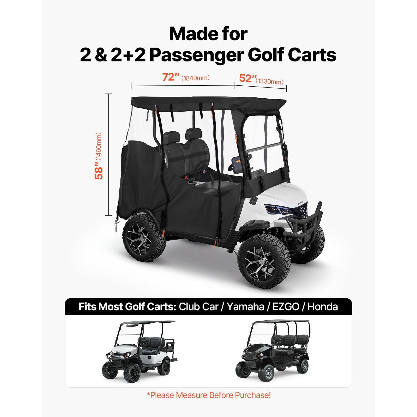 Golf Cart Cover, Visible Full-Enclosure 2&2+2 Passenger Golf Cart, 600D Waterproof Oxford Fabric Club Car Cover Fits Most Carts Club Car, Yamaha, EZGO, Honda, PVC Coating & Windproof Hook Design