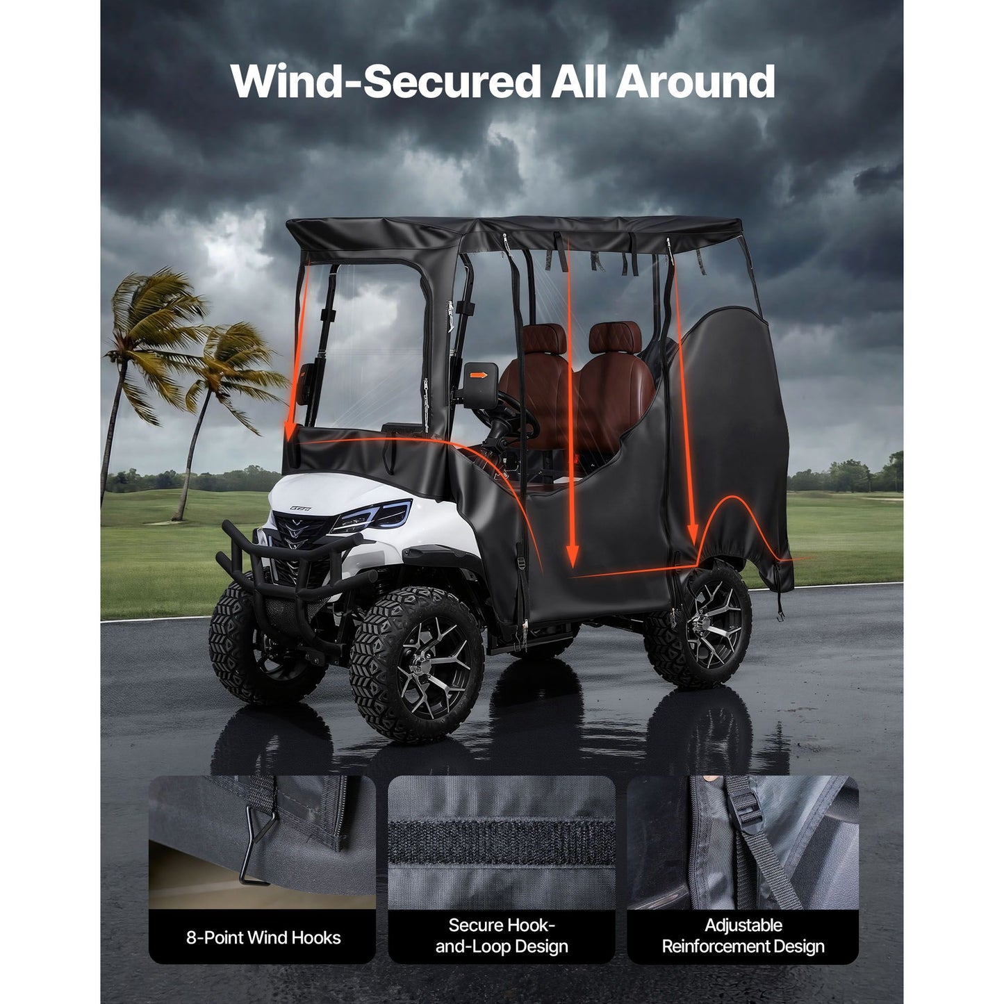 Golf Cart Cover, Visible Full-Enclosure 2&2+2 Passenger Golf Cart, 600D Waterproof Oxford Fabric Club Car Cover Fits Most Carts Club Car, Yamaha, EZGO, Honda, PVC Coating & Windproof Hook Design